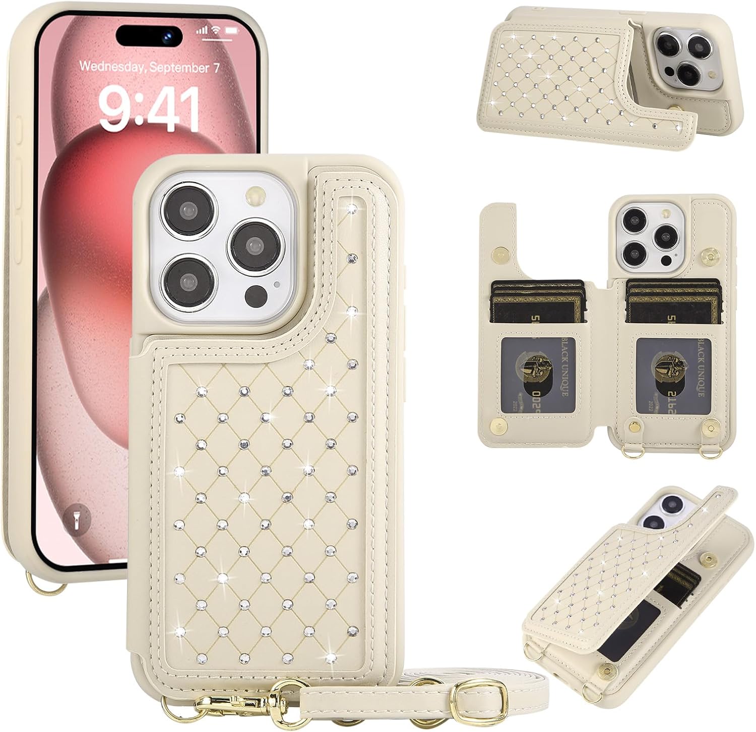 Crossbody Wallet Case for iPhone 12 Pro Max(6.7") with Detachable Strap - PU Leather Flip Folio with Card Slots & RFID Blocking, Sparkling Diamond Accents-Beige
