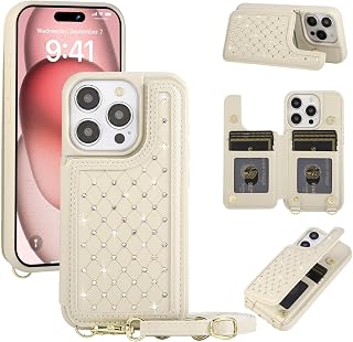 for iPhone 15 Pro Max Wallet Case with Card Holder Slots and Strap, RFID Blocking Magnetic Flip Folio Cover, Crossbody Purse Protection Case with Kickstand,Beige Diamond