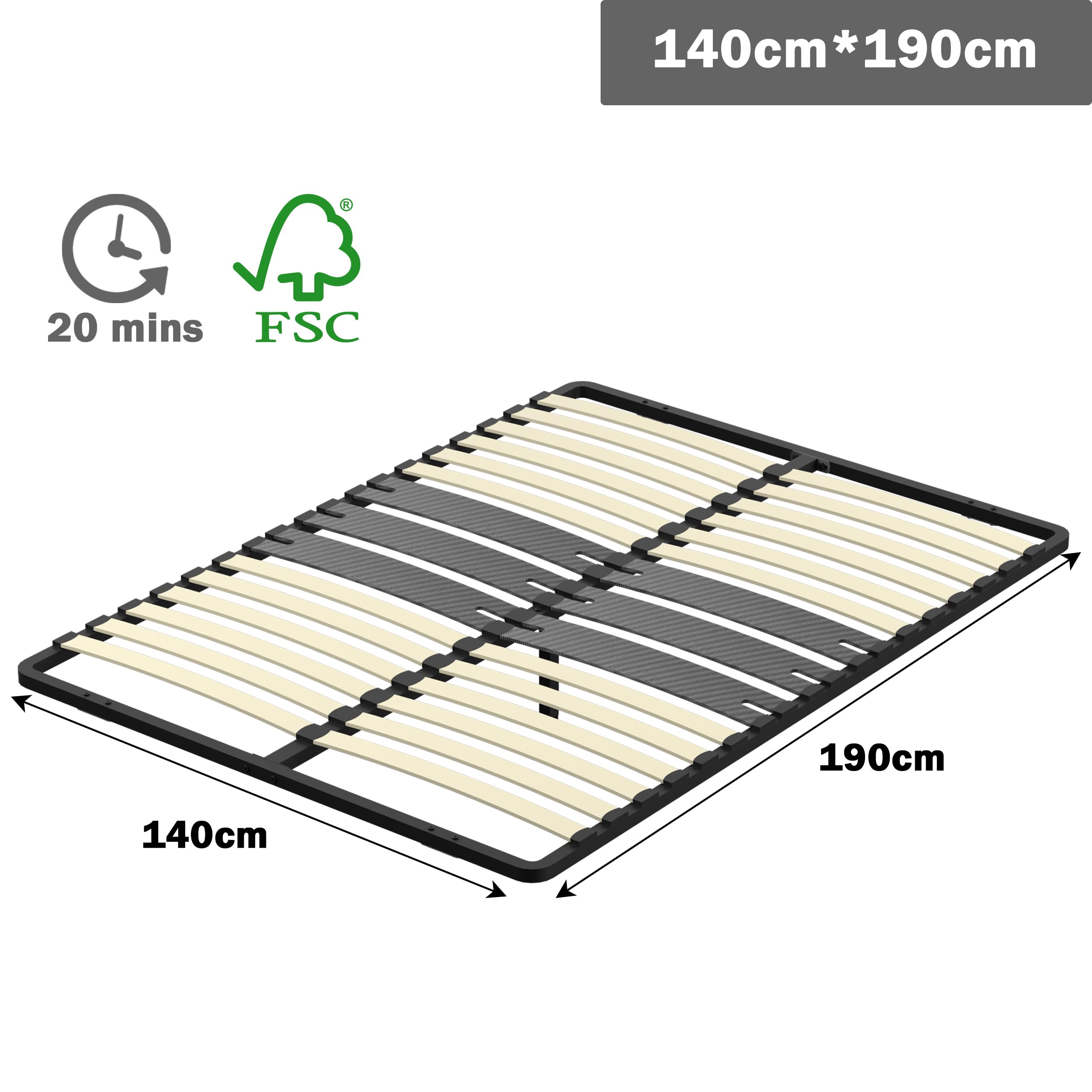 DEWINNER - Sommier 140x190 cm | 2x15 Lattes Peuplier Naturel | Pied Central Réglable T | Ergonomique | Structure Noire Moderne | Installation Express (1 Pied)