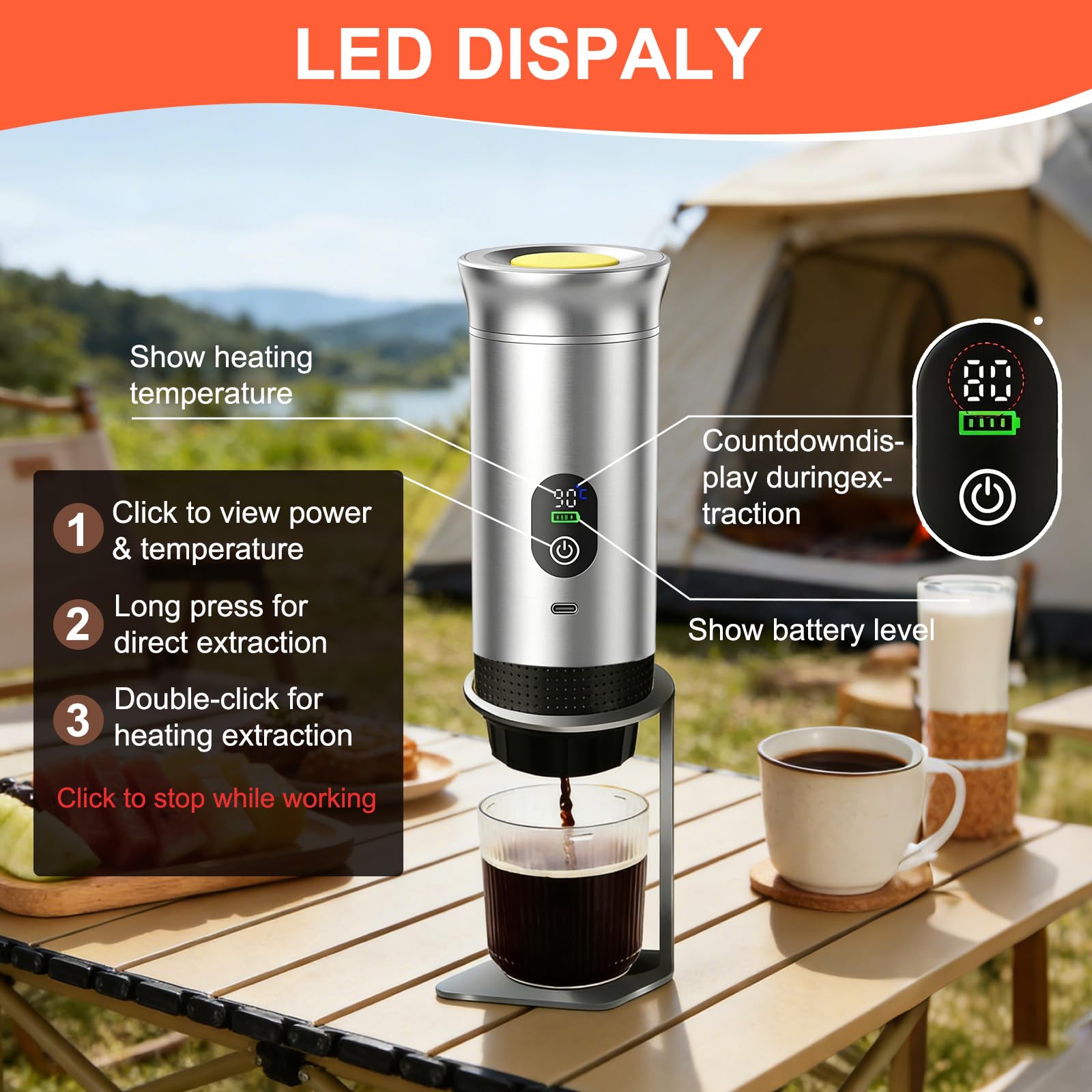 Mini cafetera de viaje 3 en 1 portátil con batería, máquina de café de viaje para coche, máquina de café espresso compatible con cápsulas y café molido para senderismo, oficina, autocaravana