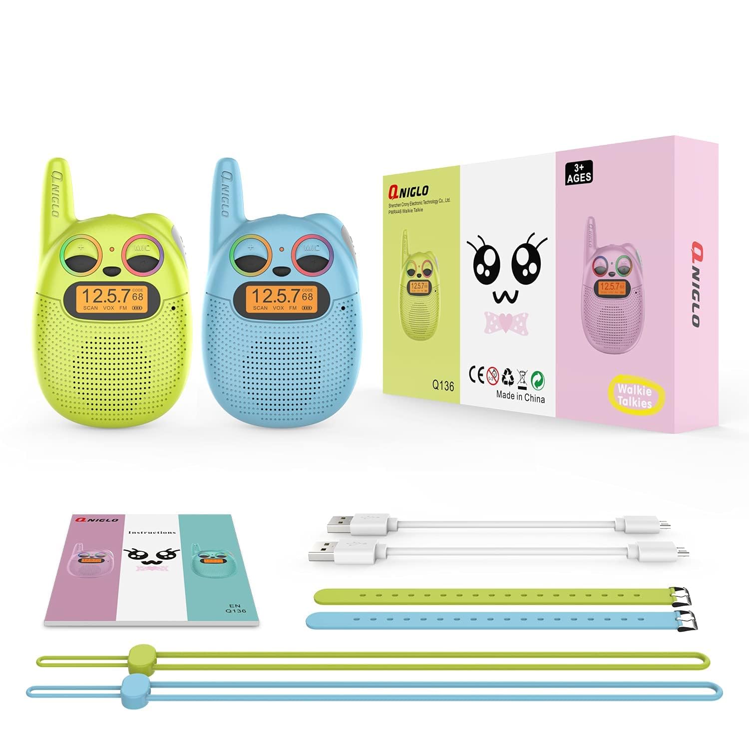 QNIGLO Walkie Talkie Recargable Niños, Se Puede Usar en Muñeca 3 Kilómetros de Largo Alcance 10 Tonos de Llamada Niños o Niñas de 3 a12 Años Regalos de Cumpleaños, para Aventuras Montar en Bicicleta