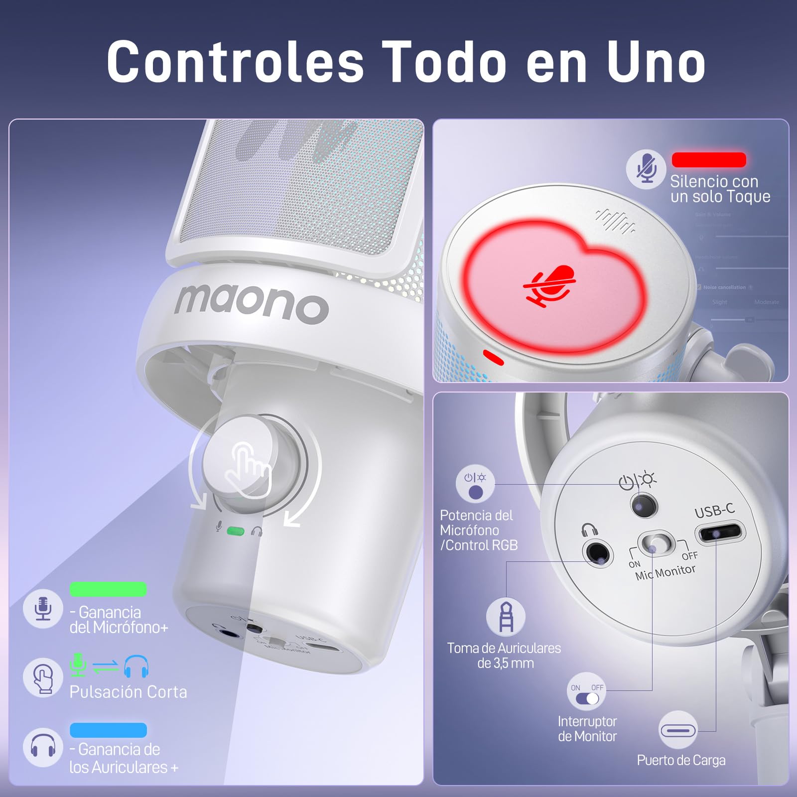 MAONO Microfono Inalambrico para PC, Microfono PC con Software de Cambiador de Voz con IA, Cancelación de Ruido, EQ Personalizado, Luces RGB Ajustables para Juegos, Podcasting, Streaming, DM40 Blanco