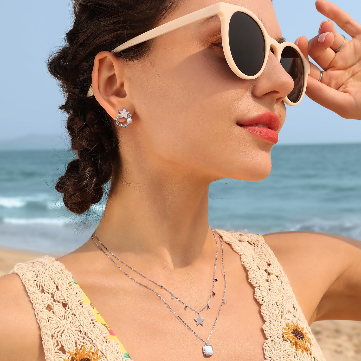 Meissa Orecchini a stella di perle fatti a mano per ragazze Tee Orecchini a perno plissettati d'oro Stella d'argento con zirconi Ipoallergenici, Argento