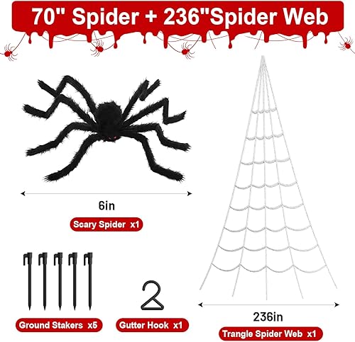Miniatura 3 de Land Guard Decoración de Halloween de telaraña grande de 236 pulgadas+araña enorme de 70 pulgadas para techo con red grande triangular para casa