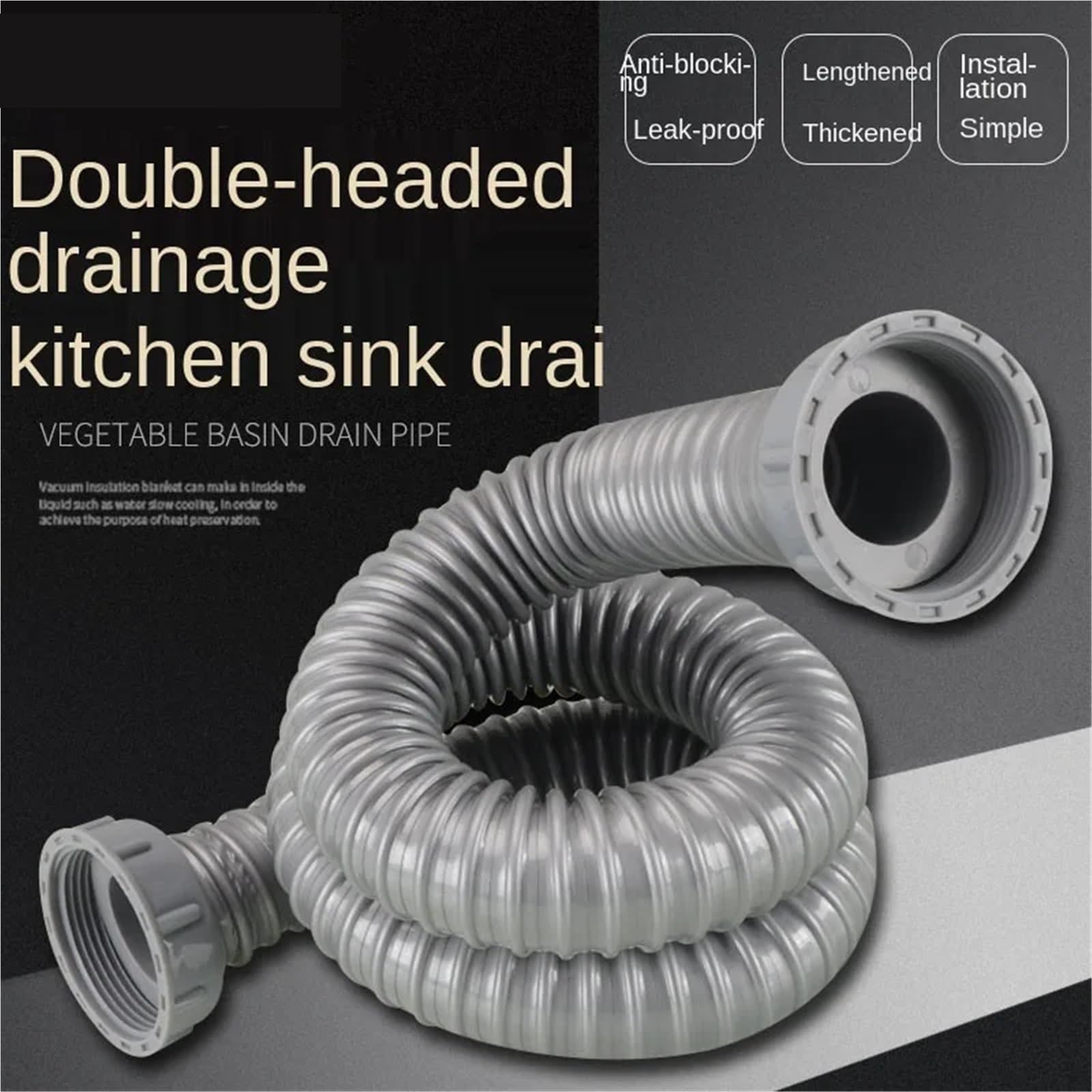 Sifone per lavandino Lavello da cucina a doppia testa sotto il tubo dell'acqua Lavello for lavabo Doppia vite Tubo di scarico Collegamento Prolunga for tubo(58-100CM)