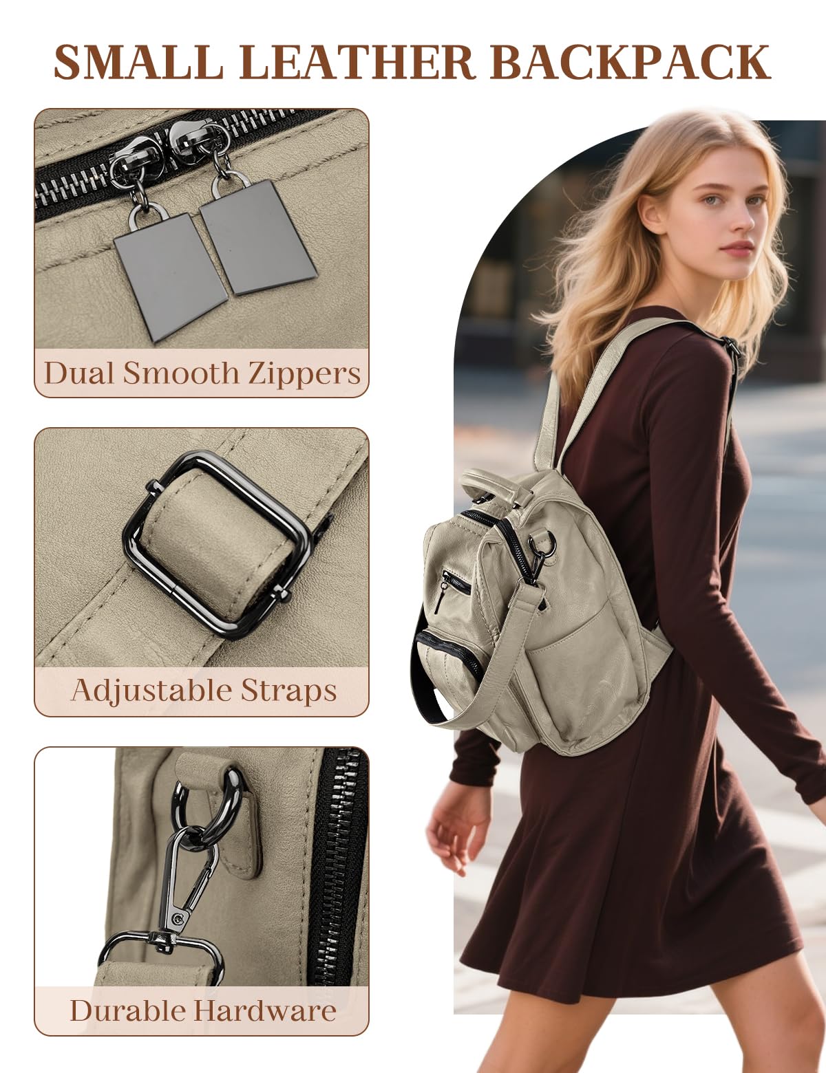 RAVUO Rucksack Damen Klein,Elegant PU Leder Rucksackhandtaschen Wasserdicht Cityrucksack für Freizeit Reisen Schule Arbeit Beige