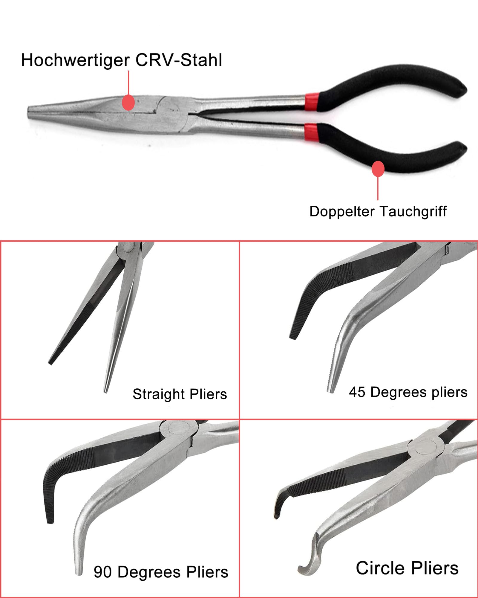 Jeu de 4 Pinces à Bec Long: Pince à Bec Droit 280 mm, pince à angle de 45°, 90° et Circulaire pour l'industrie, la Construction, l'ingénierie Mécanique, l'automobile