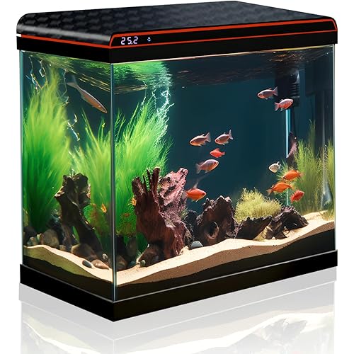 10 Gallon Fish Tank Smart Aquarium Kit, Glass Small Aquarium Starter Kits Self Cleaning with 3 Types of LED Lights and Filter Water Pump, Water Temperature Detection Ultra Quiet Gift for Kid