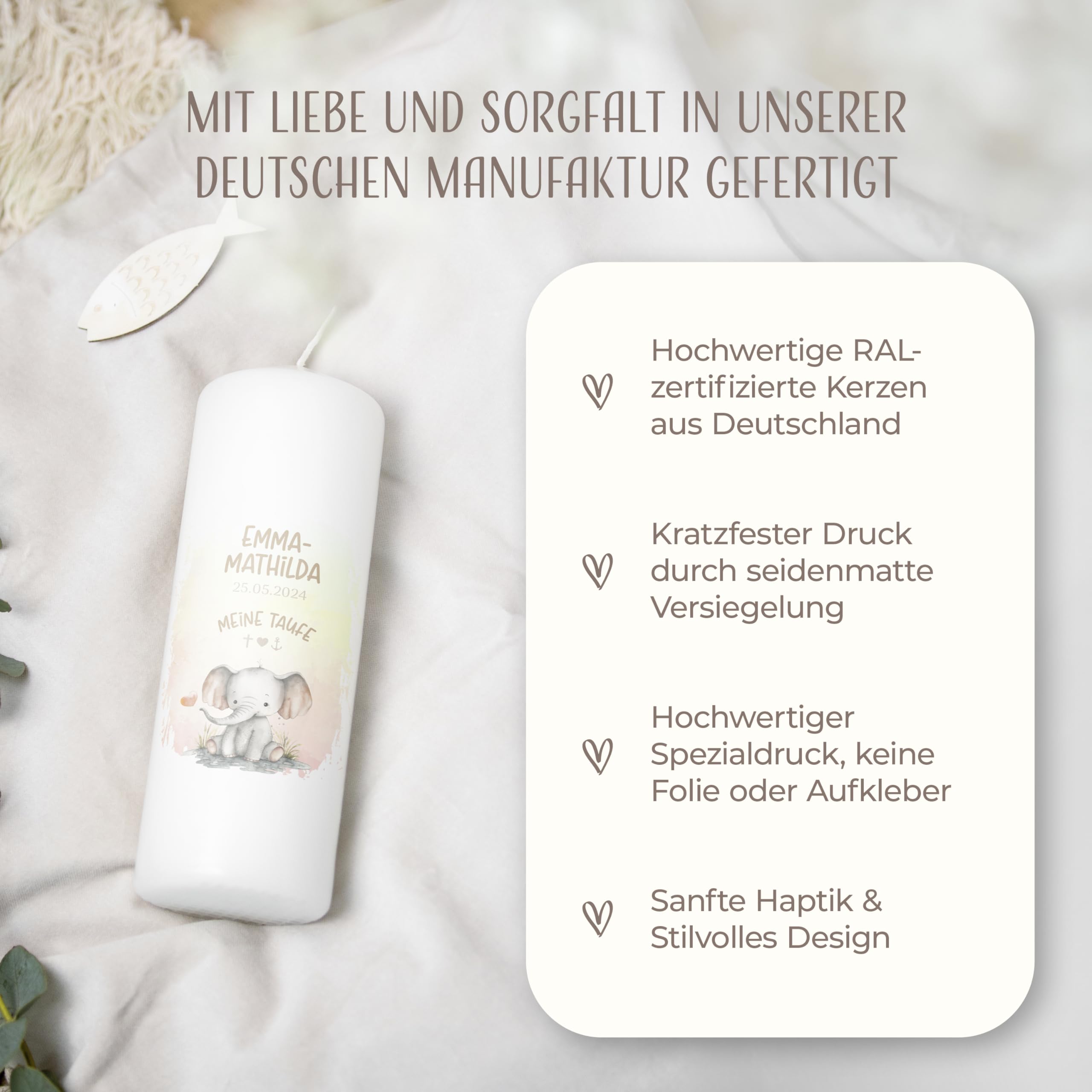 AMARI® Personalisierte Taufkerze Elefant Herz - Mädchen/Junge - 20cm/7cm - Gestalten Sie Ihre eigene Taufkerze mit Namen