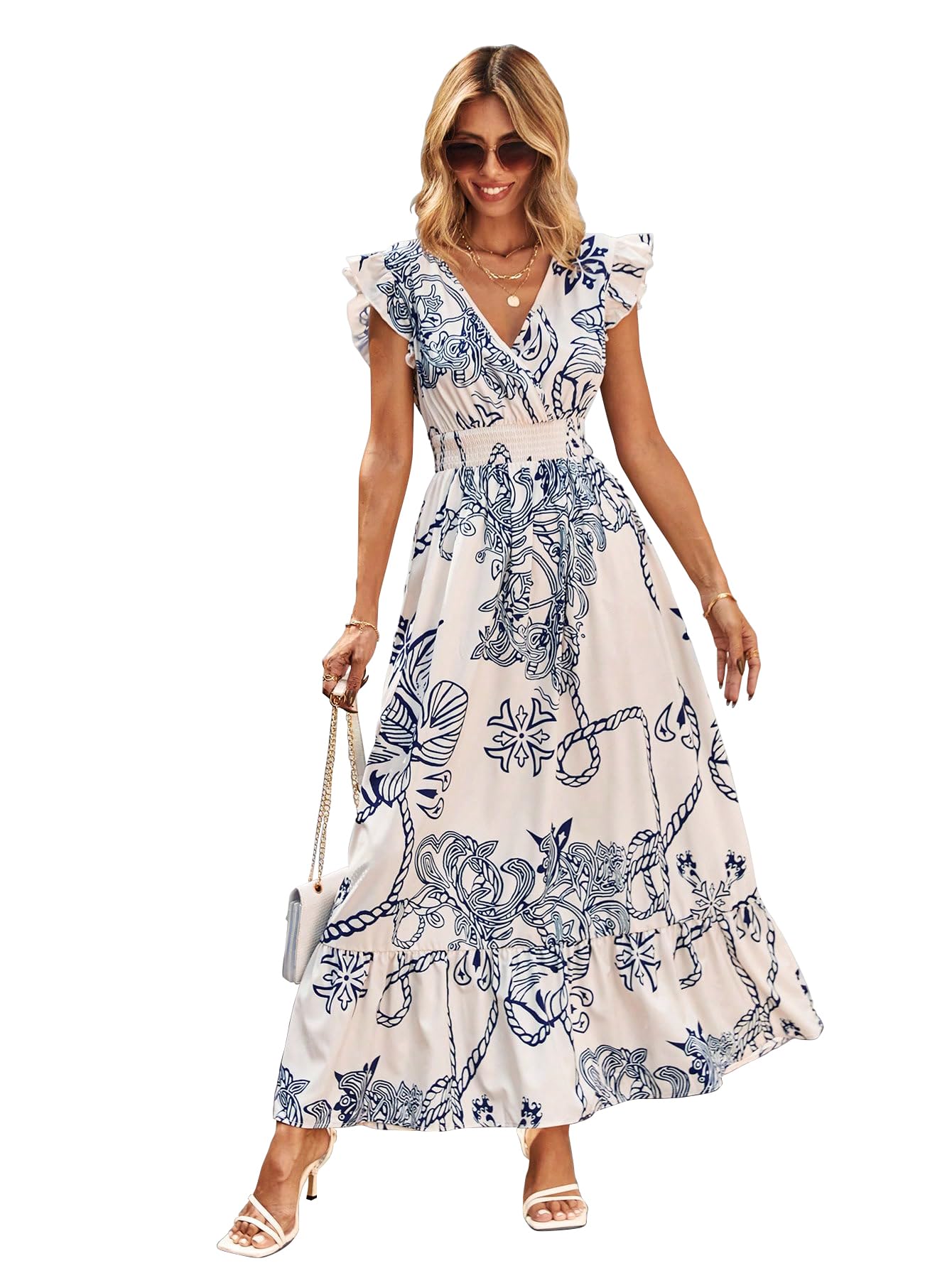 Shasmi Women's & Girl's White Blue V-Neck Printed Dress With Ruffled Hem And Belted Waist For Vacation, One Piece Maxi For Women's Casual Dresses (140 Dress White Blue-M)
