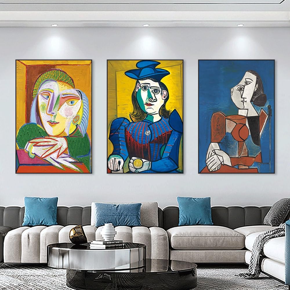 modern abstract wall art for living room, large framed canvas boho minimalist pictures wall decor, 3 pcs mid century famous art work painting for home office hallway bedroom 24x36 inch set of 3 (blue)