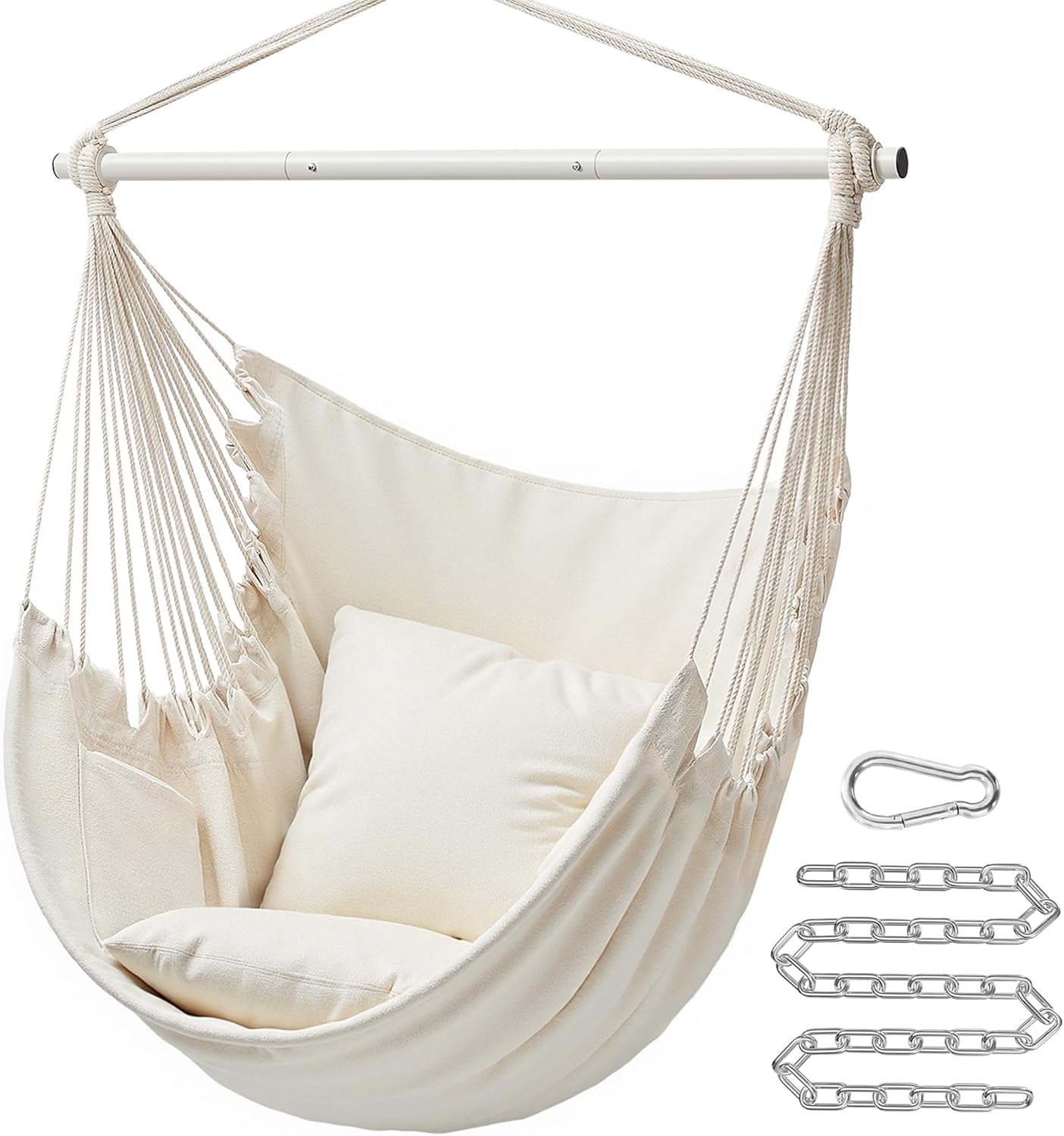SONGMICS Hammock Chair, Load Capacity 500 lb, Hanging Chair with 2 Cushions, Large Hammock Swing with Chain and Pocket, for Indoor, Outdoor, Living Room, Bedroom, Cream White UGDC197M01