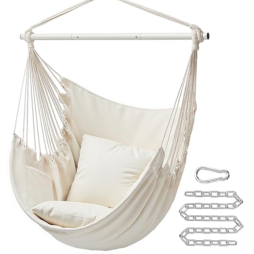 SONGMICS Hammock Chair, Load Capacity 500 lb, Hanging Chair with 2 Cushions, Large Hammock Swing with Chain and Pocket, for Indoor, Outdoor, Living Room, Bedroom, Cream White UGDC197M01
