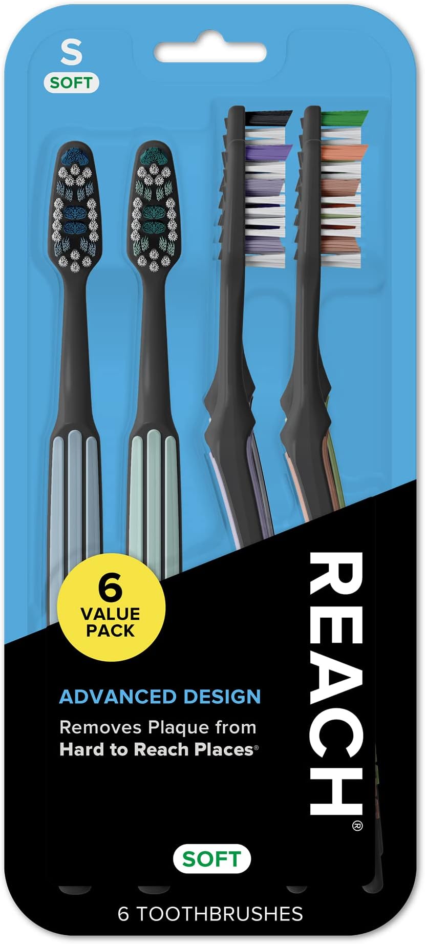 Advanced Design Toothbrush with Toothbrush Cap, Angled Neck, Soft Bi-Level Bristles, Contoured Handle, Tongue Scraper, 6 Count