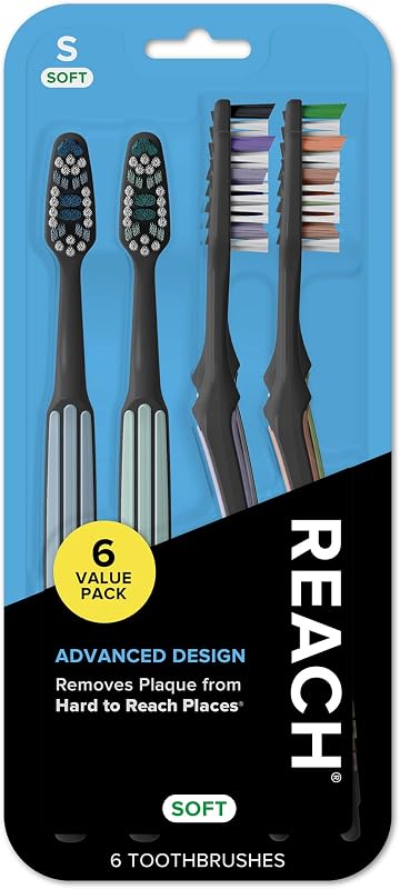 Reach Advanced Design Soft Bristle Toothbrush with Toothbrush Caps, 6 Count | Angled neck, Reach Tip, Multi-level bristles, Contoured handle, Tongue scraper