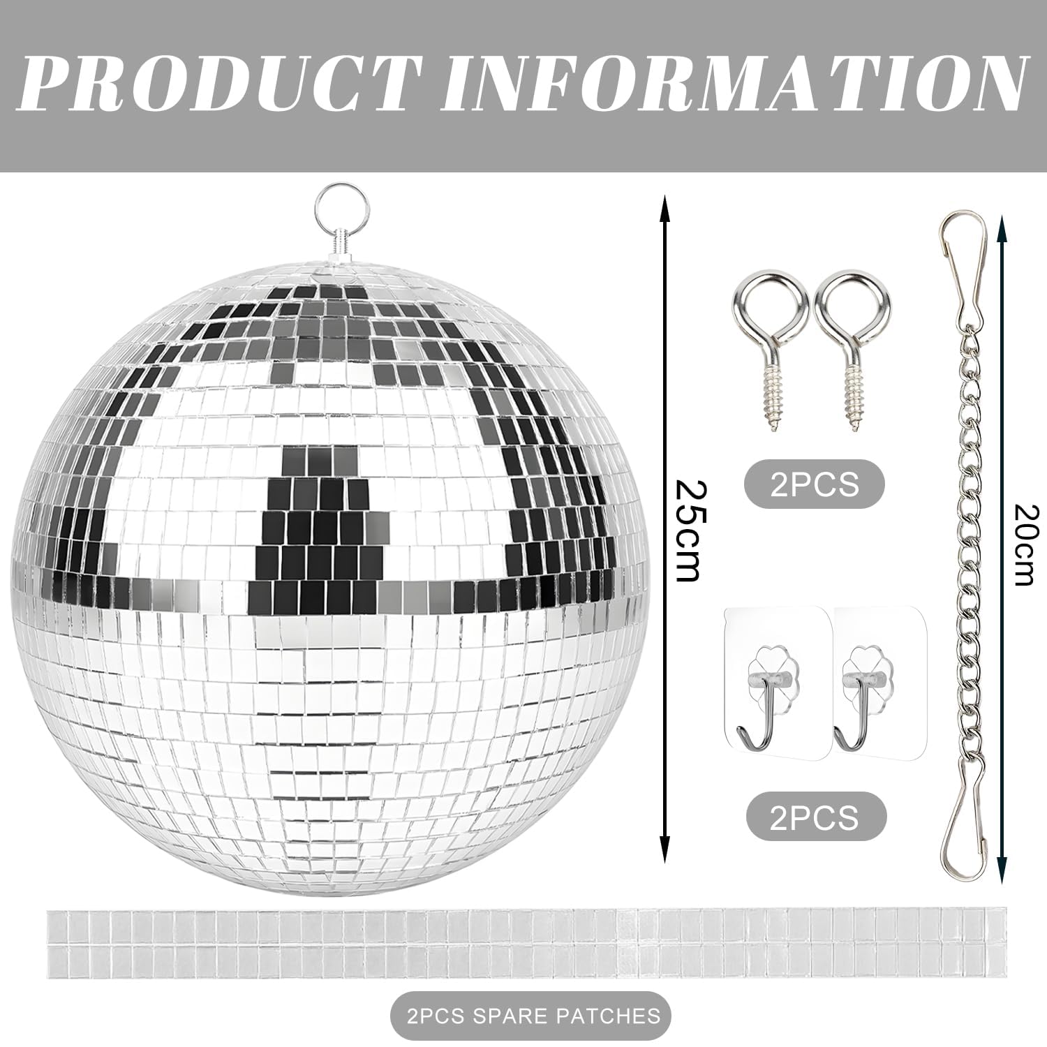 Spiegel-Discokugel 25cm,Discokugeln Zum Aufhängen,Spiegelkugel 25cm mit Selbstklebende Mini Spiegel und Haken Selbstklebend,Spiegelkugeln Disco Kugel,Ideal für Partys Oder DJ-Lichteffekt