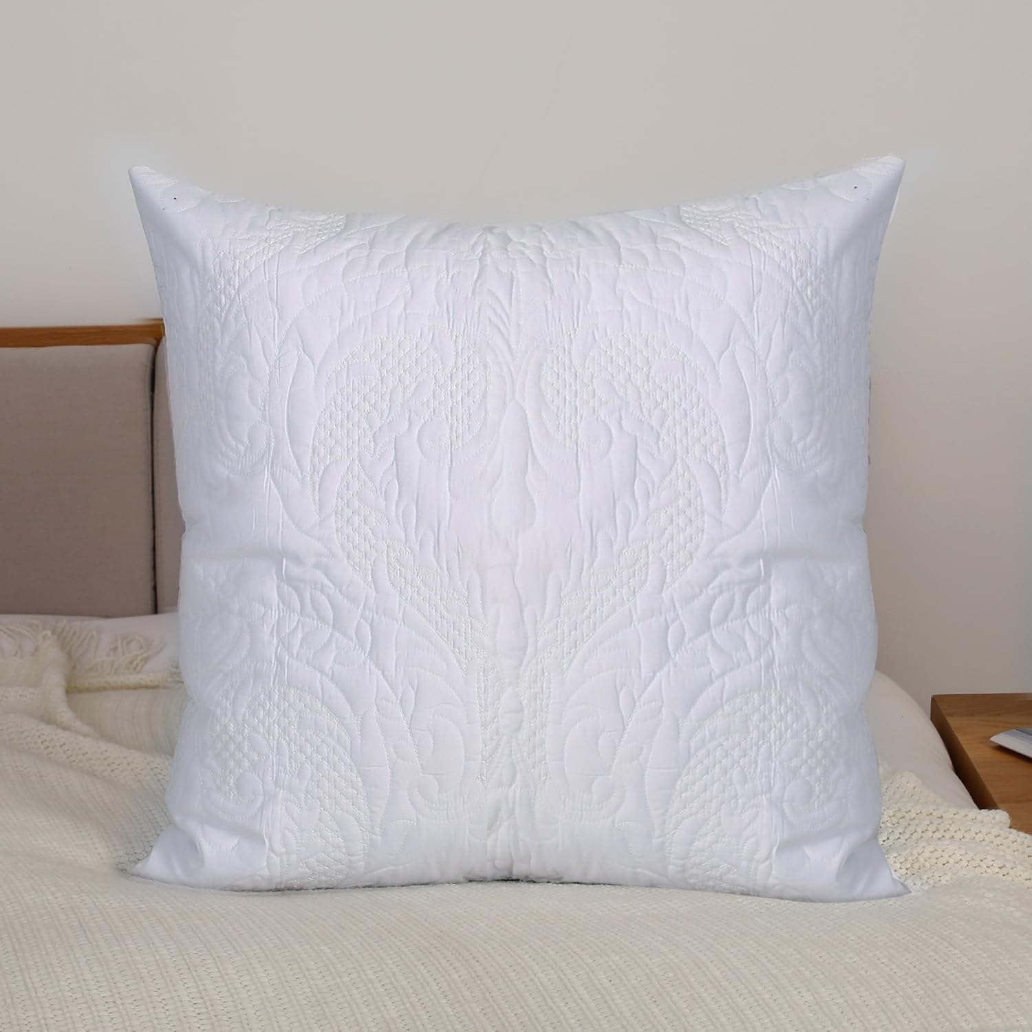 YINFUNG White Quilted Euro Sham Damask 26x26 Set of 2 Embroidered Floral Textured European Pillow Cover Decorative Large Square Pillowcase Sofa Bed Bright White Square Vintage - Image 3