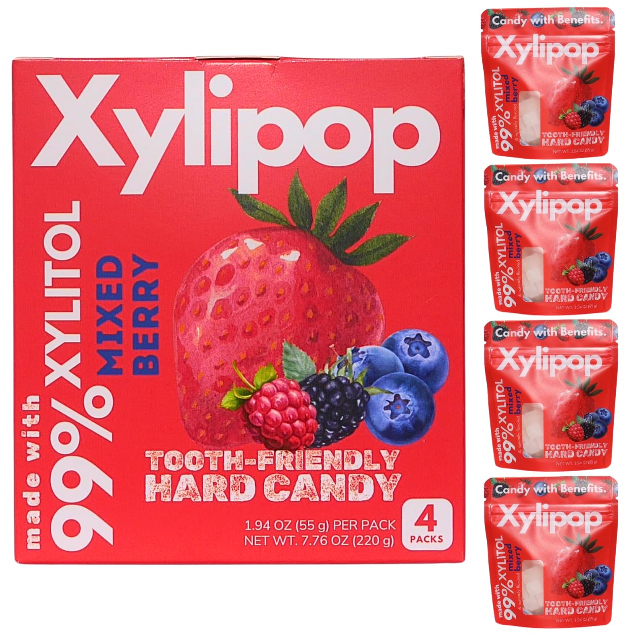 Xylipop 4 Pack (Mixed Berry) – Tooth-Friendly Xylitol Candy | Made with 3 Organic Ingredients | Sugar-Free, Vegan | Healthy Snack for All Ages | 4 x 1.94 oz Pouches