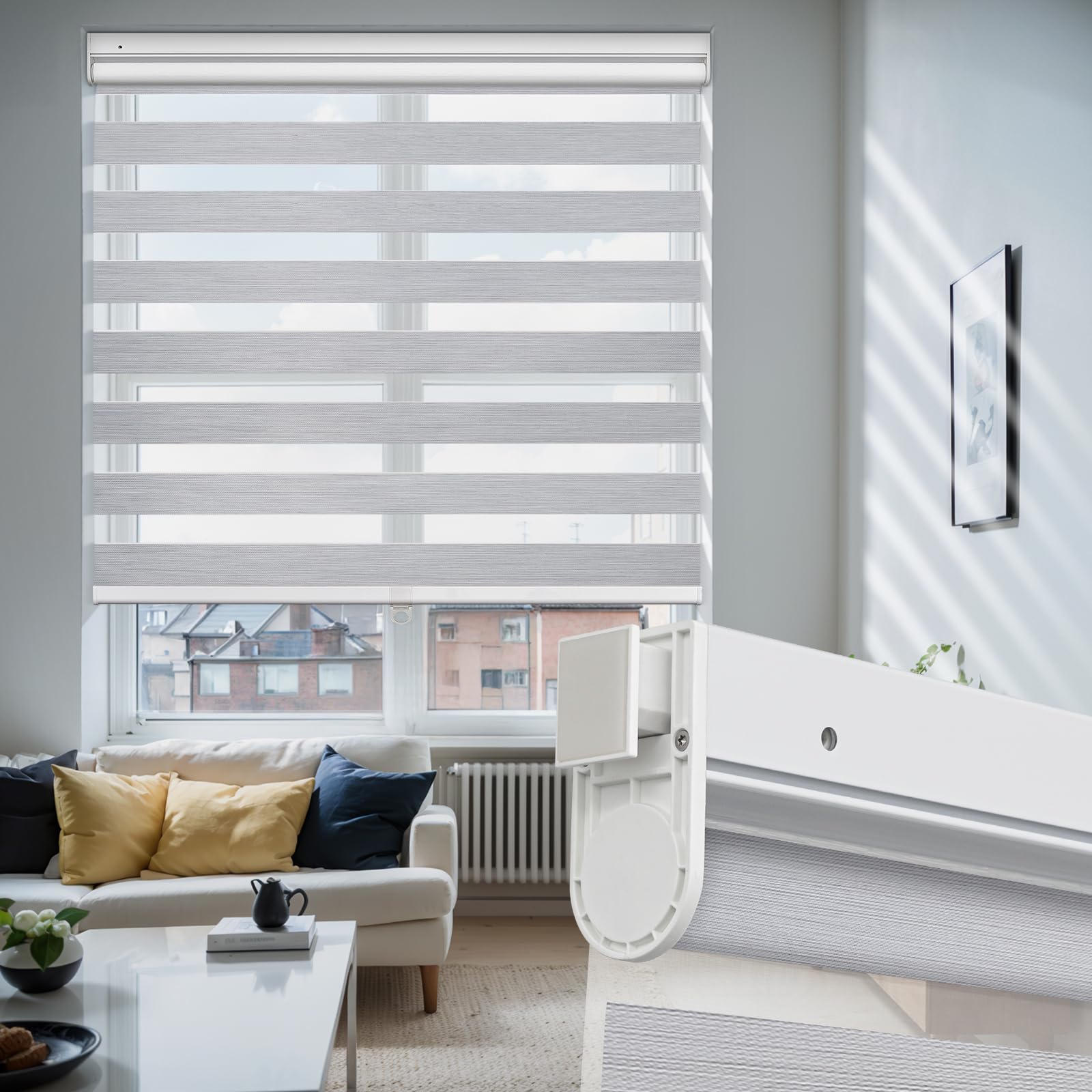 Moonice Cordless Zebra Roller Blinds No Drill No Tools Zebra Shades Dual Layer Day and Night Blinds Light Control Window Shades for Home Bedroom Kitchen (Light Gray, 76cm W x 183 cm H)