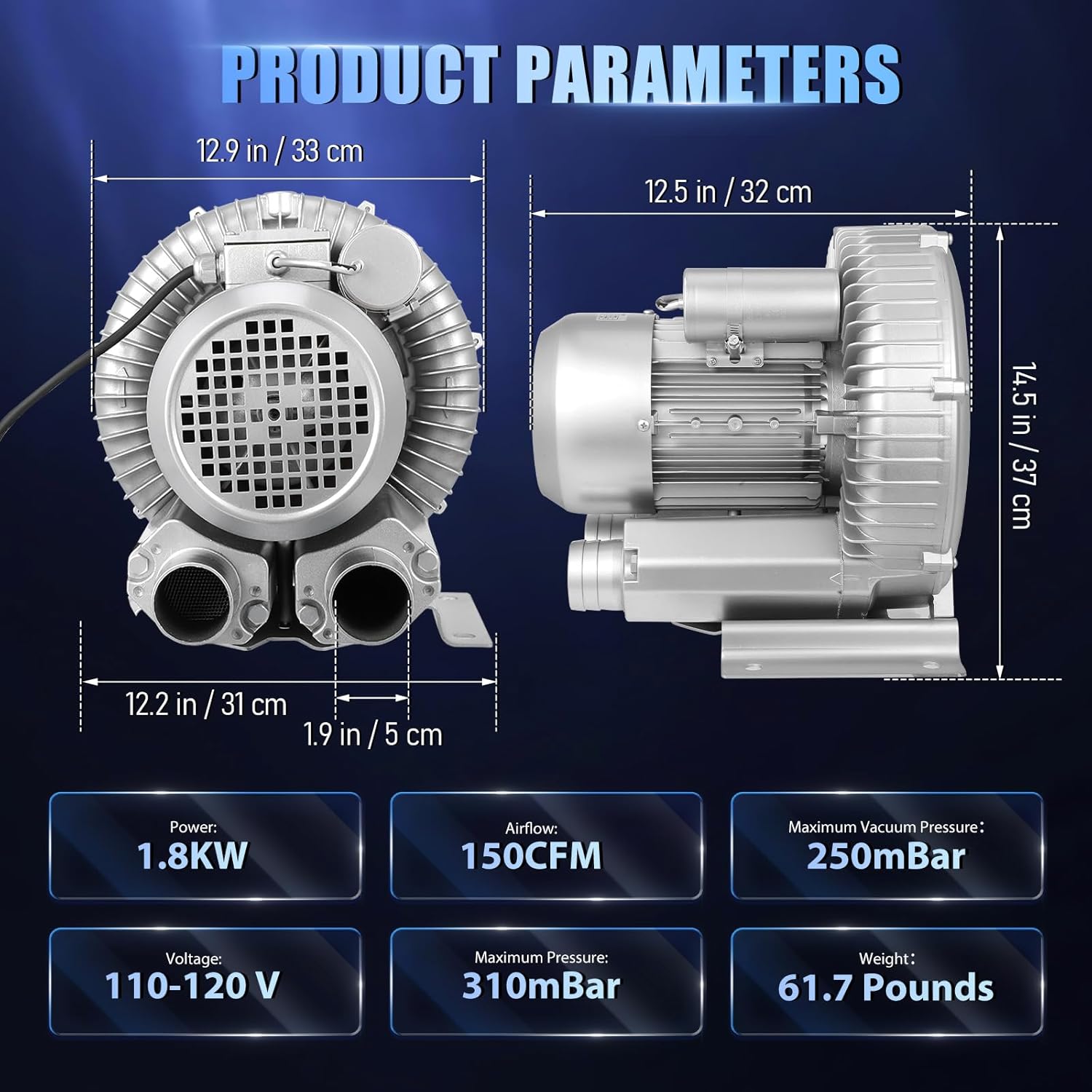 2.4HP Regenerative Blower, 110-120V | 1.8 KW 150CFM 60Hz Single Phase, High-Pressure Vortex Ring Blower, Industrial Vacuum Pump for Air Blowing Sewage Aeration Aquarium Fish Pond