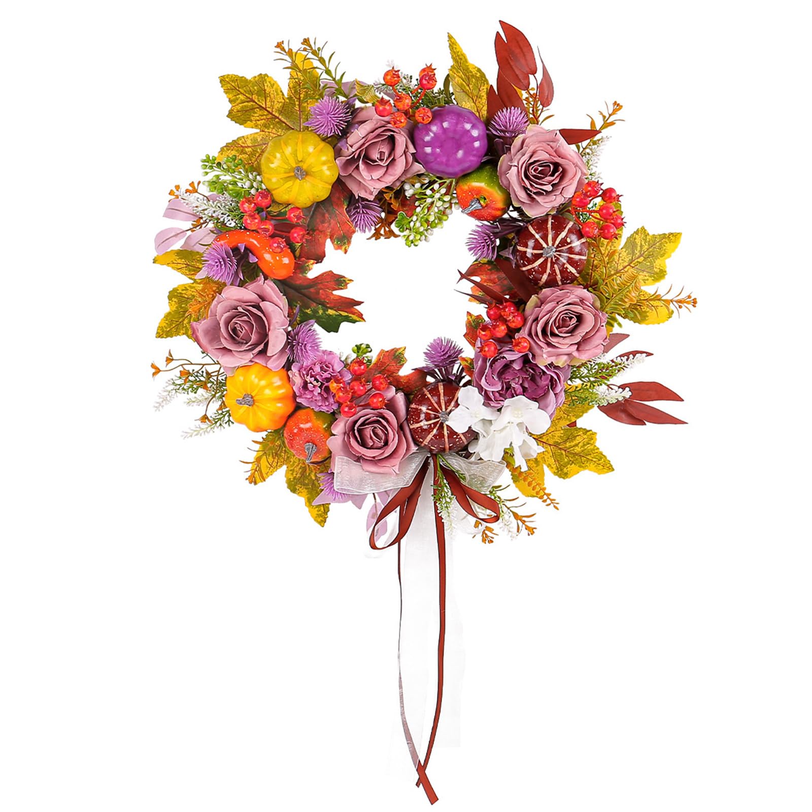 Tsophreniq Thanksgiving Day Wreath with Pumpkins Autumn Wreath for Inside Outside, Artificial Pumpkins Rose Seasonal Door Hanger