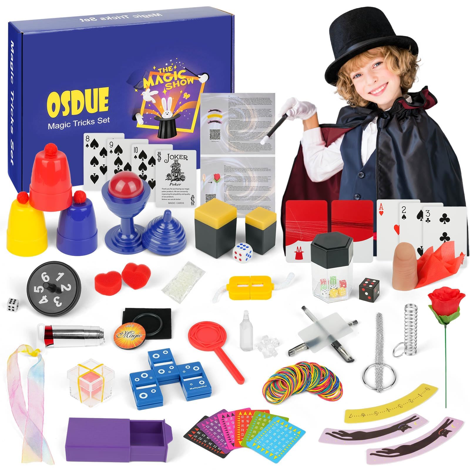 OSDUE Magiczne gry, 24 magiczne sztuczki dla dzieci, mały początkujący magiczna różdżka, zestaw magicznych sztuczek dla dzieci z magiczną peleryną i kapeluszem, prezent dla chłopców, dziewcząt