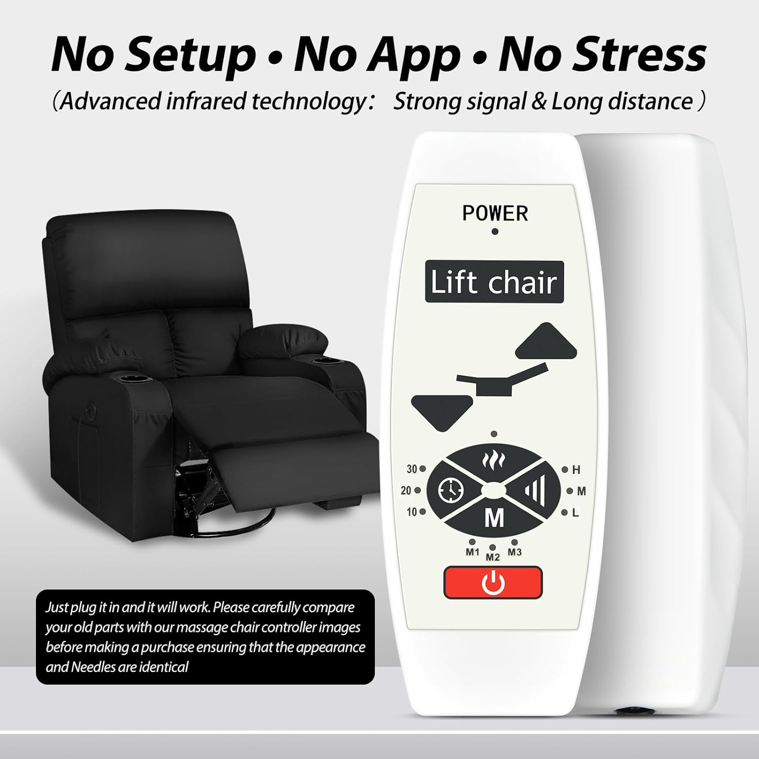New 5 Pin Plug Replacement Remote Controller for ANJI LINUO Unbranded Recliner Lifting Chair with Vibration Massage & Heat