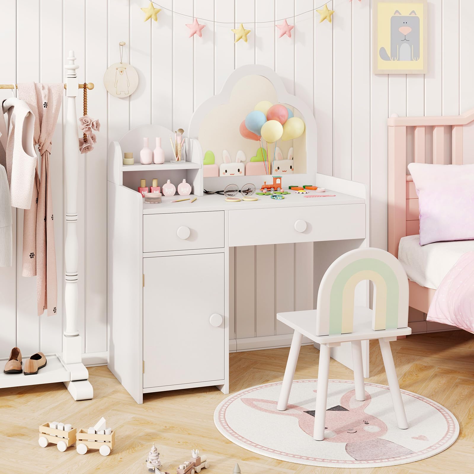 LIFEZEAL 2 en 1 Coiffeuse Enfant Fille avec Chaise & Miroir Amovible, Table de Maquillage avec Tabouret, Casier, 2 Tiroirs, étagère, Bureau en Bois 3-7 Ans, Blanc