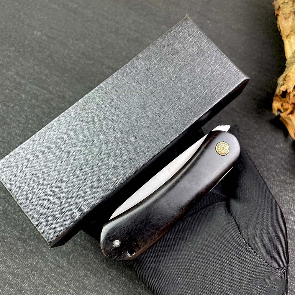 Klappmesser 7.3" Scharf Robust Taschenmesser aus Edelstahl Ebenholz, Dreilagiger stahl messer, Outdoor Edc Messer Survival Jagdmesser, tragbare camping messer, klein einhandmesser tanto mit holzgriff