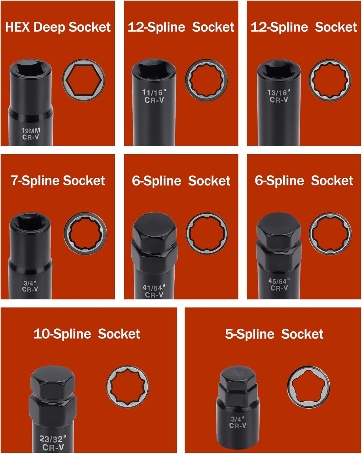 Lug Nut Socket Set, 8PC SAE & Metric Wheel Lock Removal Key Kit for Spline And Spike Lug Nuts, Locking Lug Nut Removal Tool for Aftermarket & Factory Wheels, High Strength CR-V Steel Material