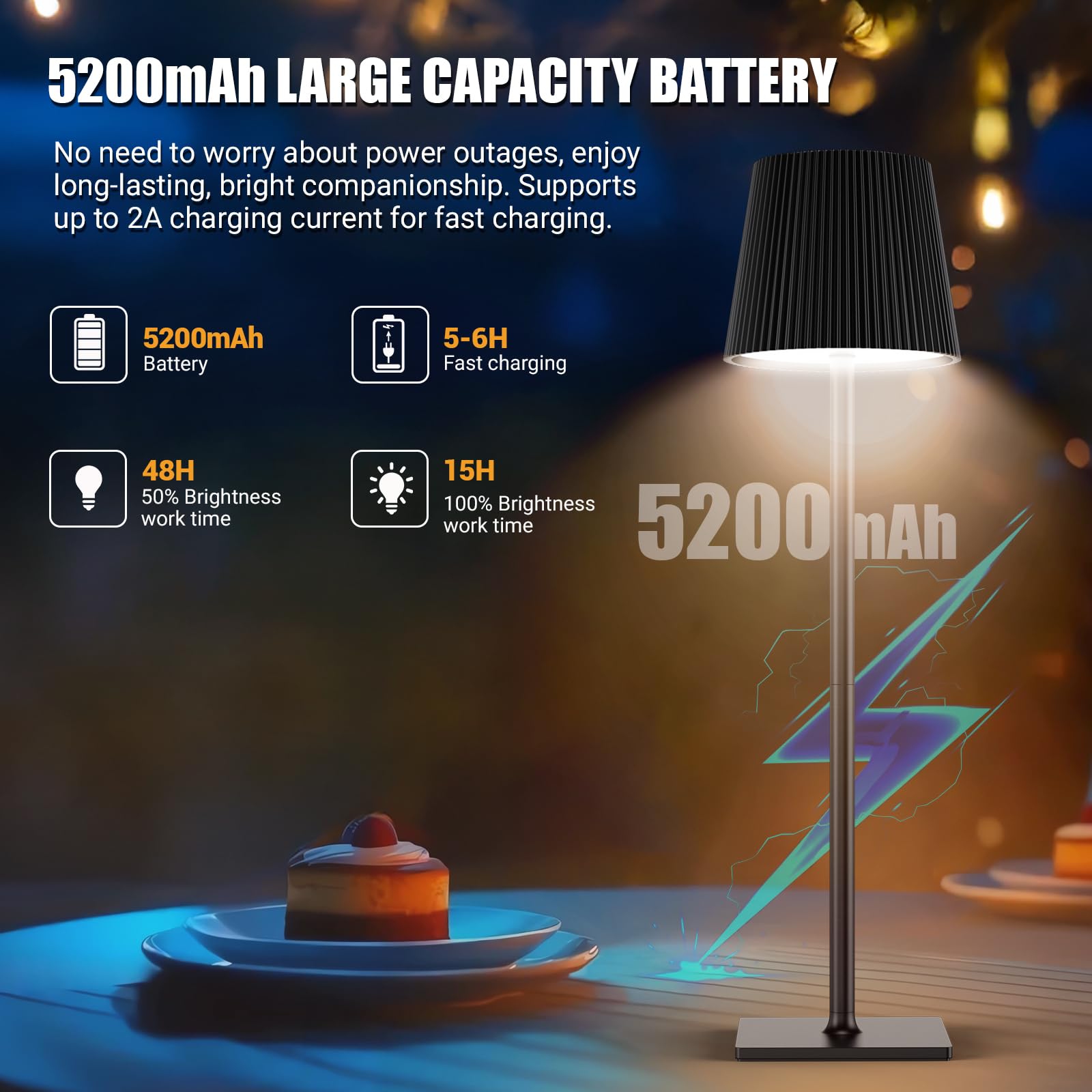 Lampara de Mesa LED Inalámbrica Lámpara de Mesa bateria Recargable con Tapón de Vino y USB-C, Lamparas Mesita Regulable para Restaurante, Dormitorio, Camping, Salon, Negro