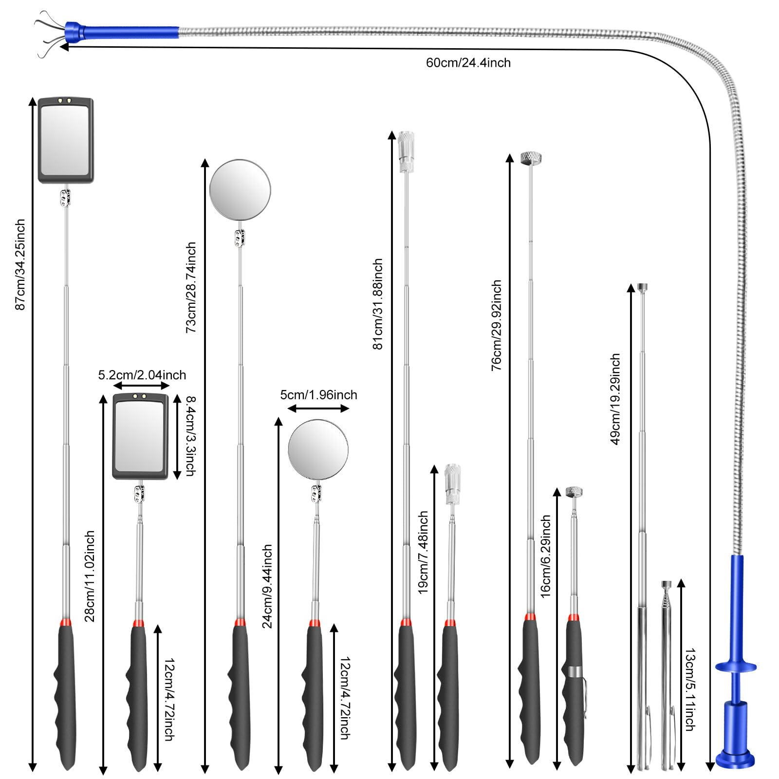 Set da 6 pezzi di specchi di ispezione retrattili, set di attrezzi telescopici con specchio pick-up, strumento magnetico telescopico con lampada LED, specchio di ispezione quadrato e rotondo, manico