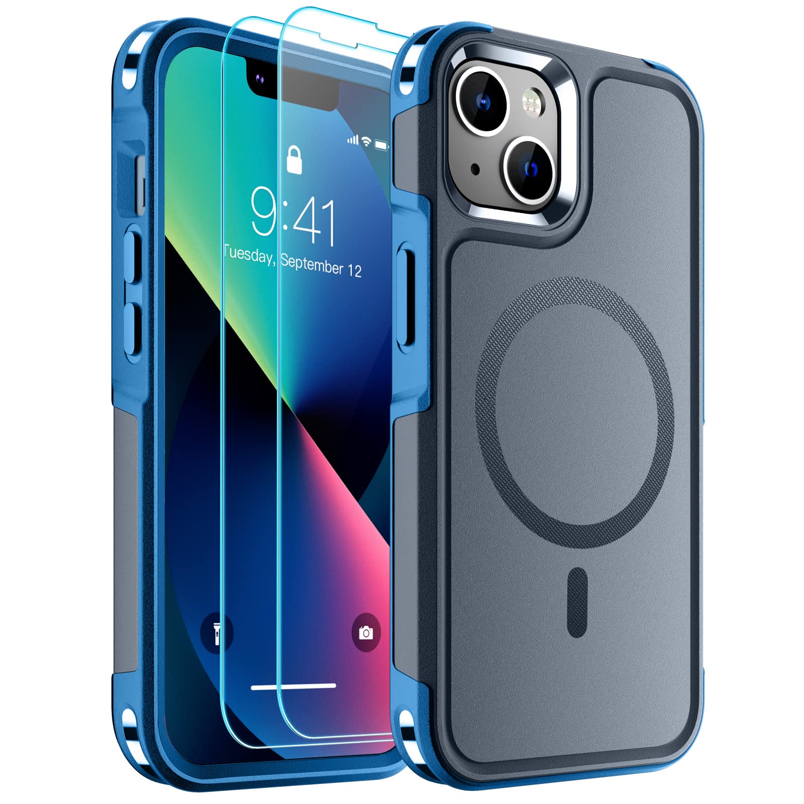 supfineMagnetic for iPhone 13 Case, [Compatible with MagSafe][10 FT Military Grade Drop Protection] [2+Tempered Glass Screen Protector] Non-Slip Heavy Duty Full-Body Shockproof Phone Case,Deep Blue