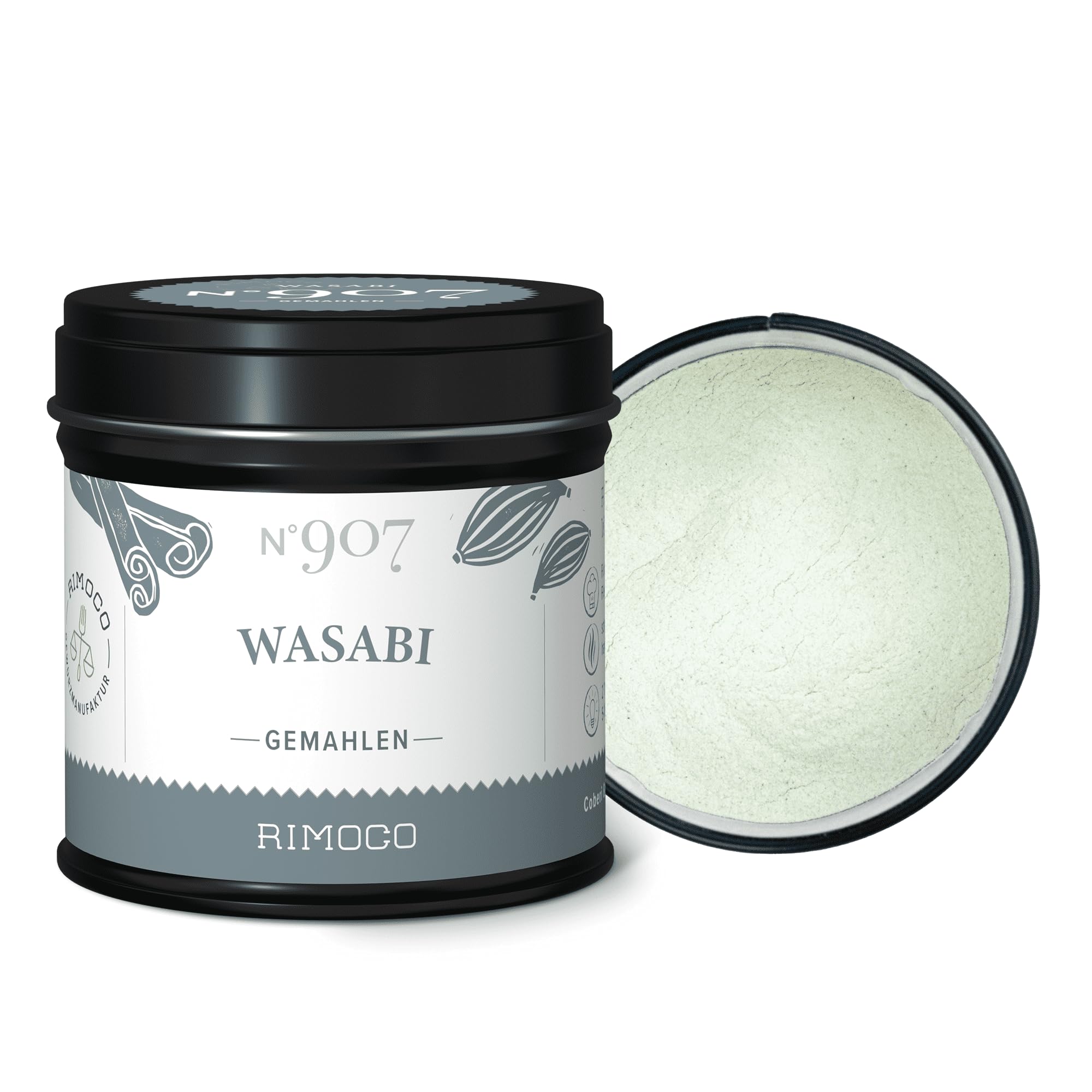 Rimoco N°907 Wasabi Pulver - echte Wasabiwurzel fein gemahlen (100% Wasabia japonica) | Wasabipulver zur Herstellung von Wasabipaste | 40g in eleganter Gewürzdose mit Aromadeckel
