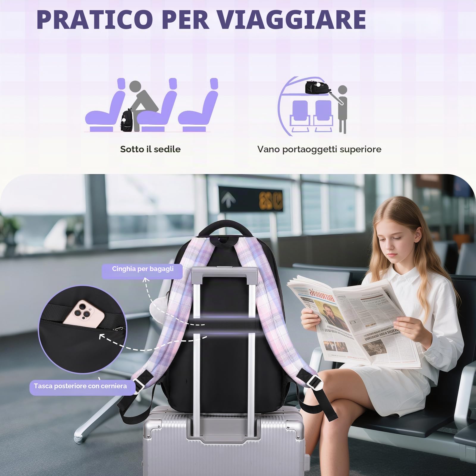 Tanou Zaino per Ragazze Zaino Bambina Scuola Elementare e Media | Impermeabile Zaini da Viaggio Borsa Casual per Adolescenti con Cinghia per Trolley, Nero