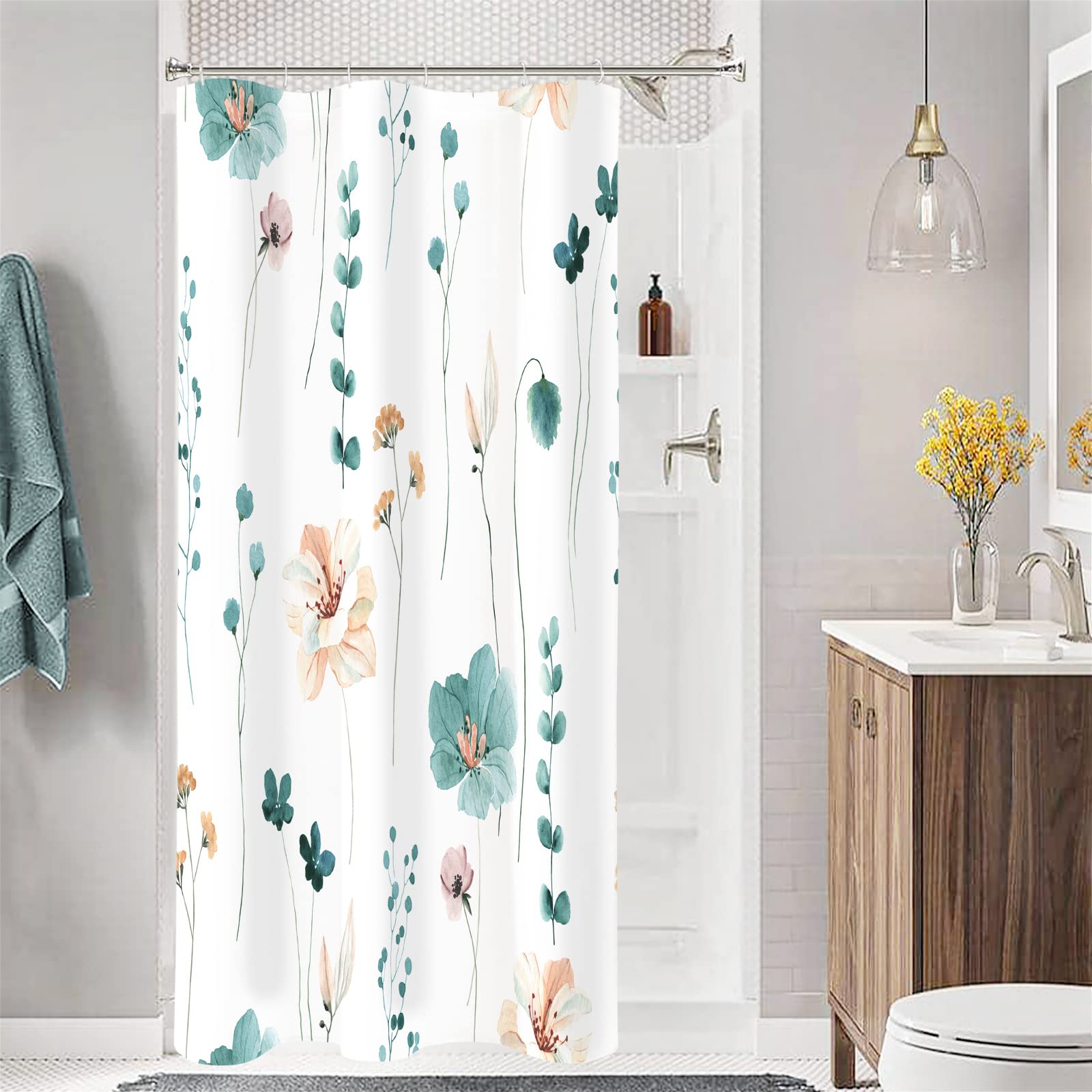 Gibelle Small Stall Shower Curtain 36 x 72, Narrow Half Watercolor Floral Fabric Shower Curtain, Teal Beige Flower Decorative Bathroom Shower Curtain