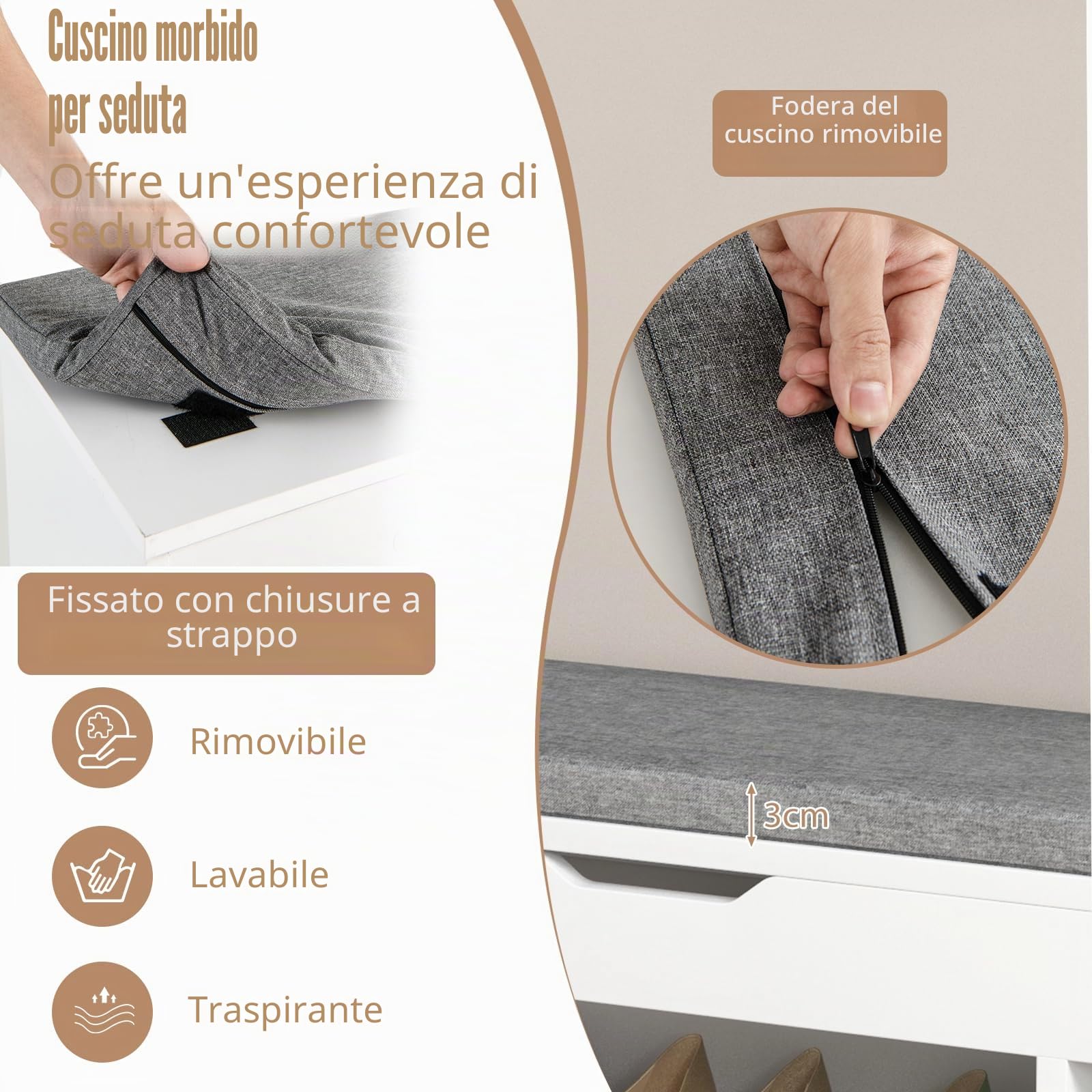 HOMASIS Scarpiera con Seduta Imbottita, Cassapanca Contenitore da Interno in Legno, Scaffale Portascarpe con 3 Scomparti e Cassetto per Ingresso, Corridoio, 104 x 30 x 48 cm (Grigio e Bianco)