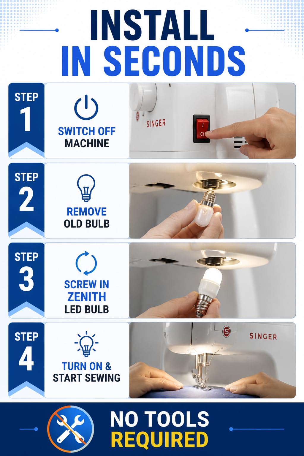 ZENITH Screw Type LED Bulb Suitable for Singer Domestic Front Loading Electric Embroidery Sewing Machines (Screw Type LED Suitable Singer), 1 Pc Black Color Plastic — Amazon image 7