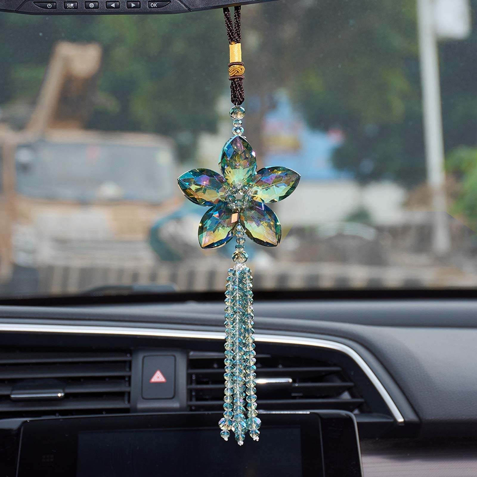 ATMOMO Crystal Flower Car Rear View Mirror Pendant Car Hanging Ornament Lucky Car Charm with Dangle Beads, Colorful Green