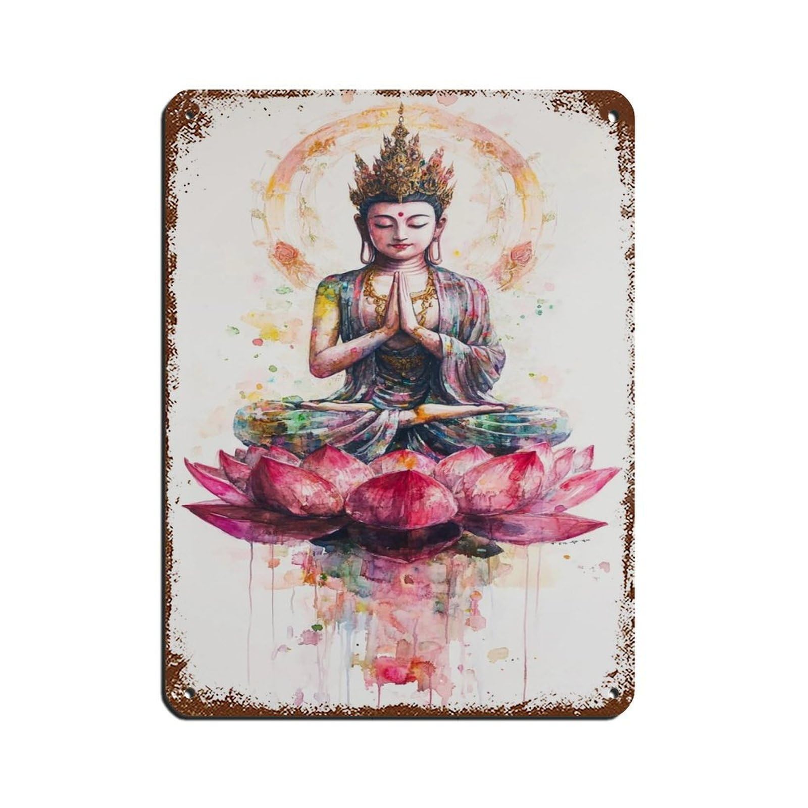Buddha Lotus, Guanyin Watercolor Art Tin Sign Vintage Metal Pub Club Cafe Bar Home Wall Art Decoration Poster Retro 12x16inch(30x40cm)