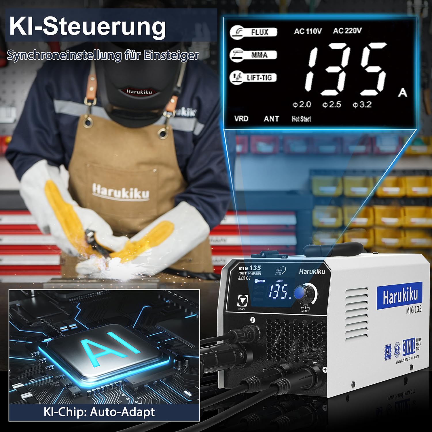 Harukiku135A Fülldraht Schweißgerät Ohne Gas,3-in-1 Elektroden Schweißgerät (Flux MIG/ARC,MMA/Lift WIG),mit Synergischem Drahtvorschub kompakter IGBT Inverter Schweissgerät, für Profis & Home DIY