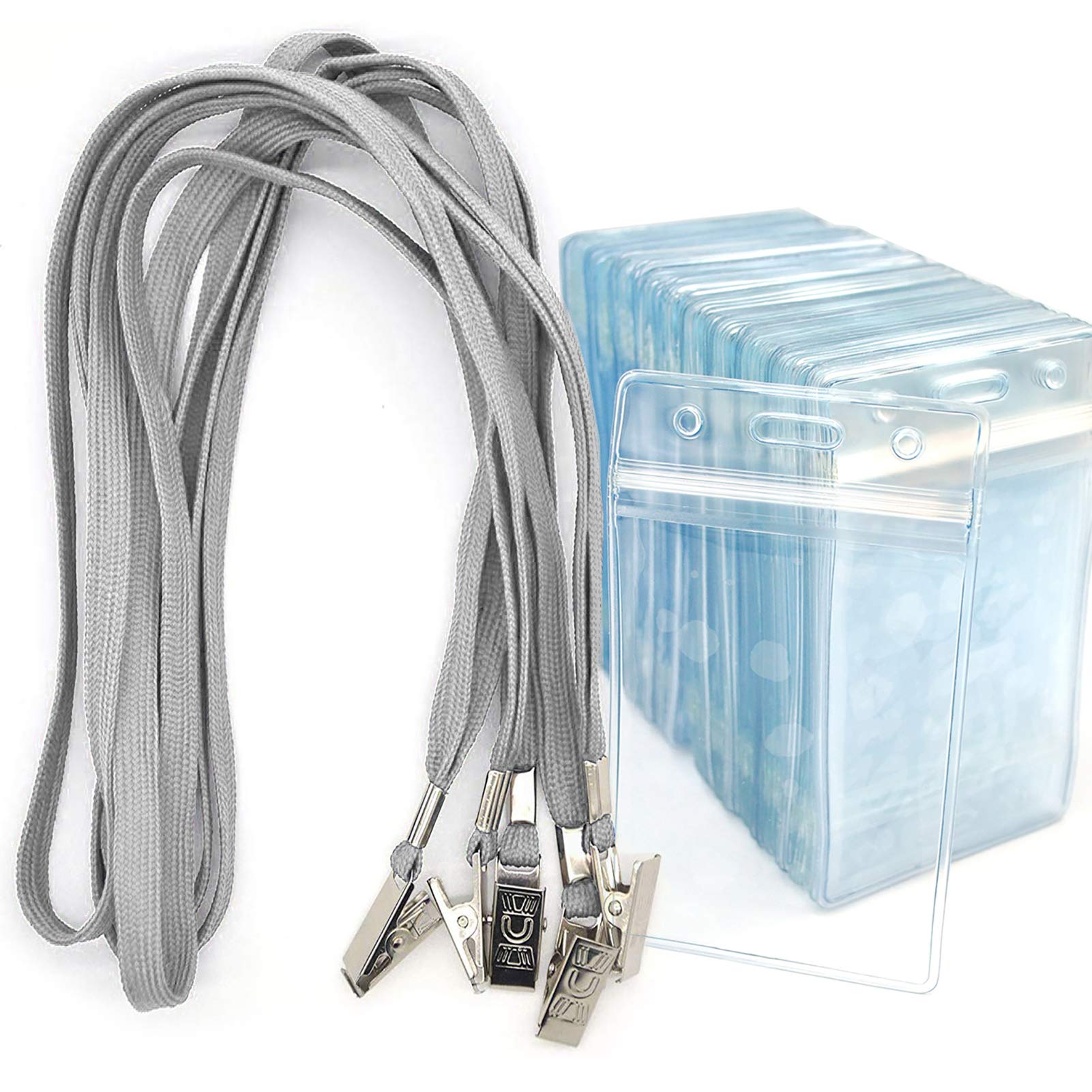 Bird Fiy Lanyards with Id Holder Badges Name Tags 50 Pack Lanyards with Bulldog Clip and 50 Pack Waterproof Clear Plastic Vertical Name Tag Badge ID Card Holders (Gray)