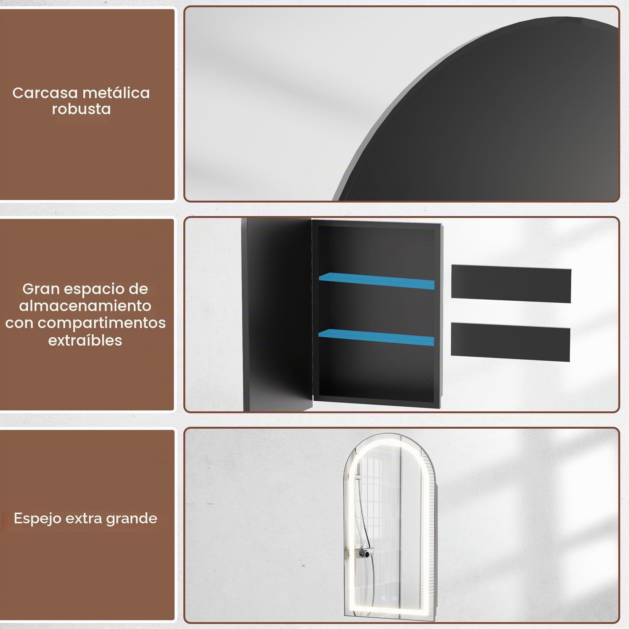 Armario Baño con Espejo LED iluminación y Función de Desempañado (No Requiere ensamblaje) Antivaho Arqueada Metal Armario de Pared Colgante con 2 Estanteria Negro 40x79x12.5 cm