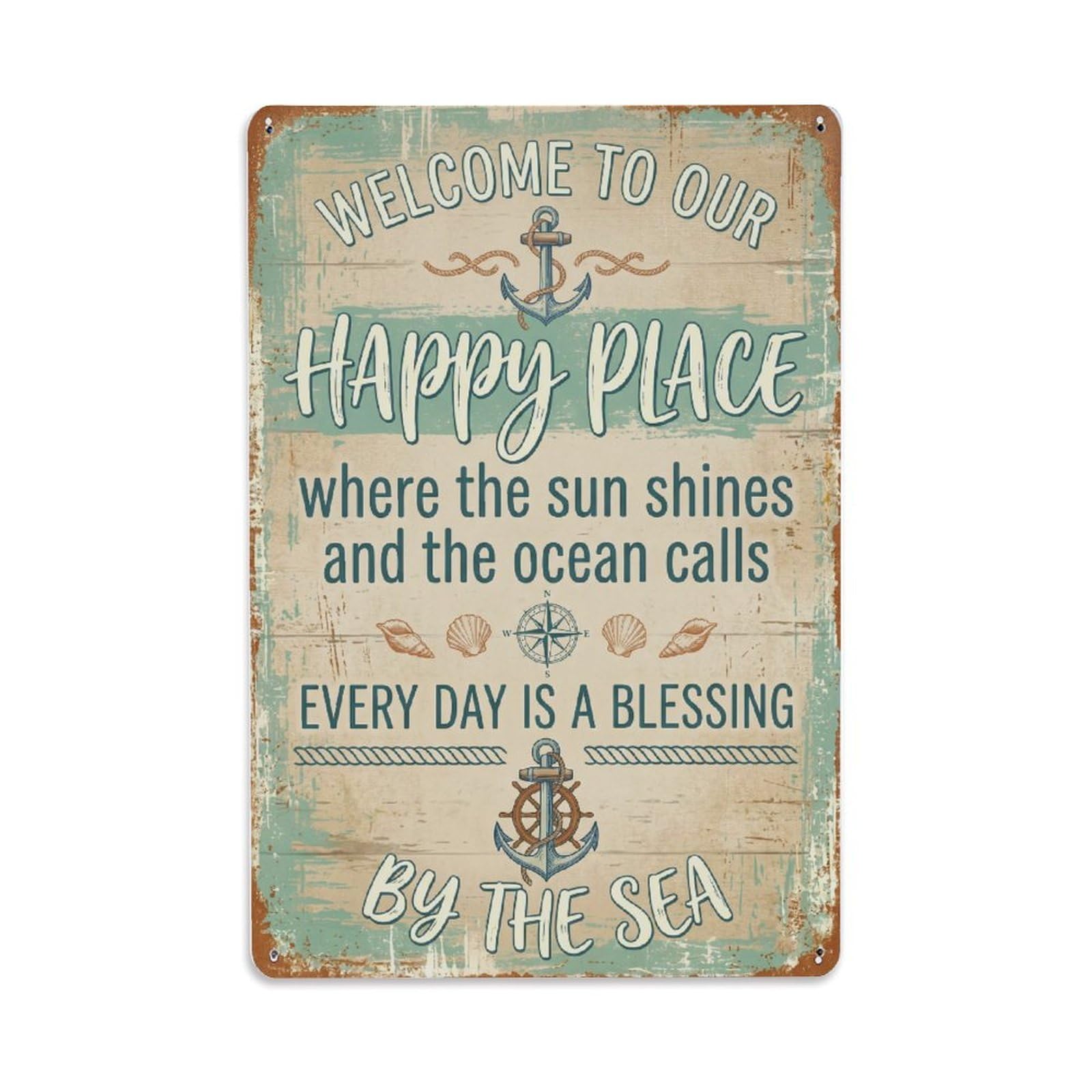 Welcome To Our Happy Place Beachhouse Deck Metal Tin Sign Plaque Wall Decor for Cafe, Club Bar, Office, Home Garden Metal Poster 8x12Inch