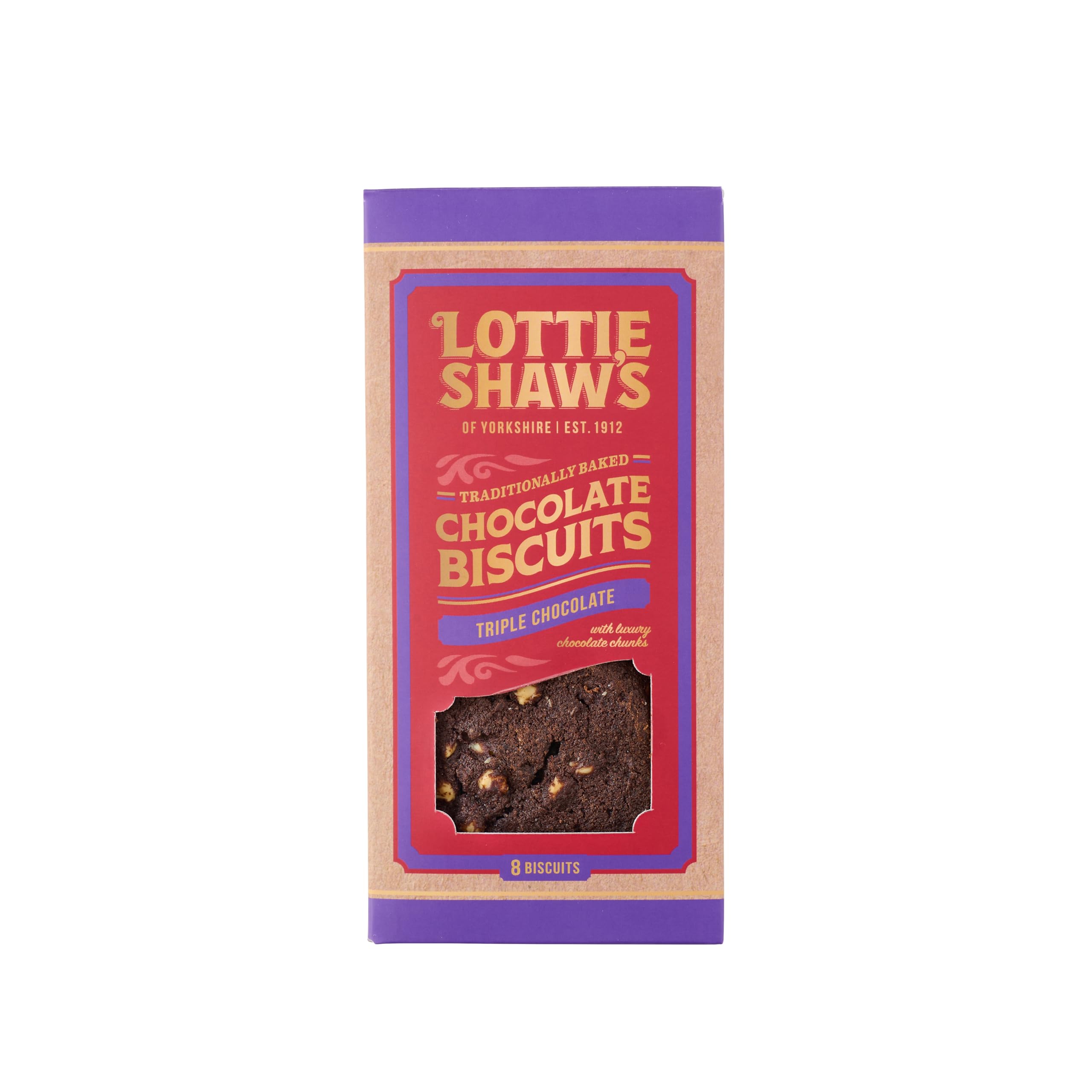 Lottie Shaw's Triple Chocolate Biscuit Box 275g | Belgian White & Dark Chocolate Chip Biscuits | 2 Packs of 4 | Handcrafted Yorkshire Bakery