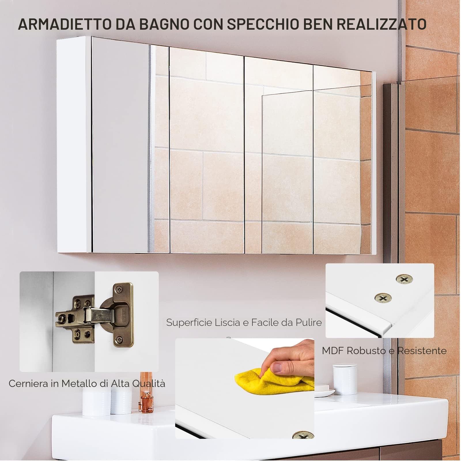 LIFEZEAL Mobiletto Bagno Salvaspazio con Contenitore, Specchio HD, Pensile Bagno Sospeso Bianco, Specchiera da Muro a 3 Ante, Armadietto, Mobile con 3 Ripiani, Moderno, in Legno (90x11x65 cm)