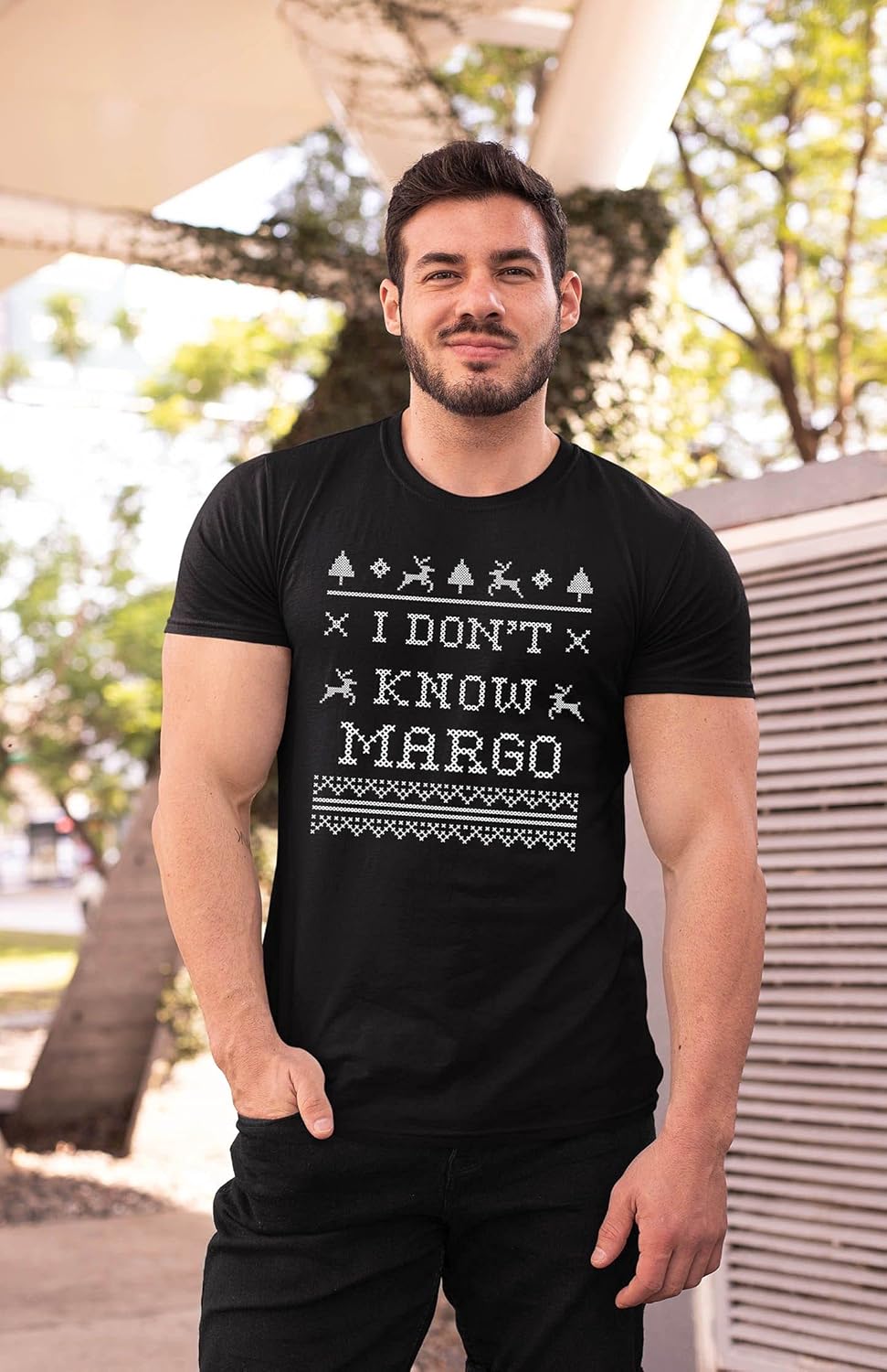 I Don't Know Margo Christmas T-Shirt for Men - Funny Ugly Costumes | Cool Graphic Tee Idea - Image 4