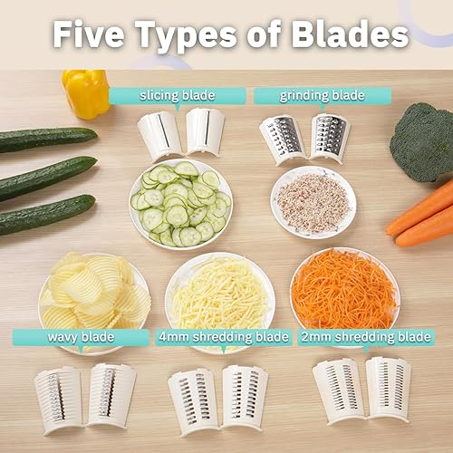 Miniatura 5 de Rallador de queso giratorio manual con asa, triturador de queso de cuchillas inoxidables reemplazables 5 en 1, base de succión fuerte, cortador de