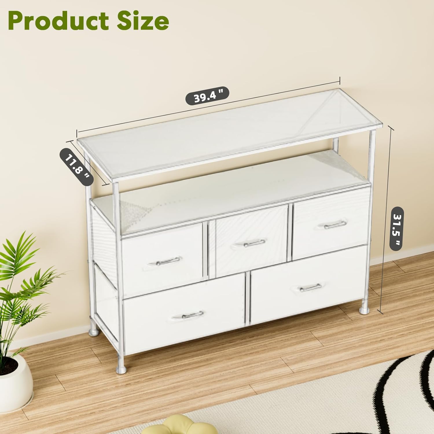Simple Deluxe TV Stand Dresser for Bedroom Entertainment Center with 5 Fabric Drawers, Storage Organizers Units for Living Room, Media Console Table with Open Shelf up for 45" TV, White, Wood top