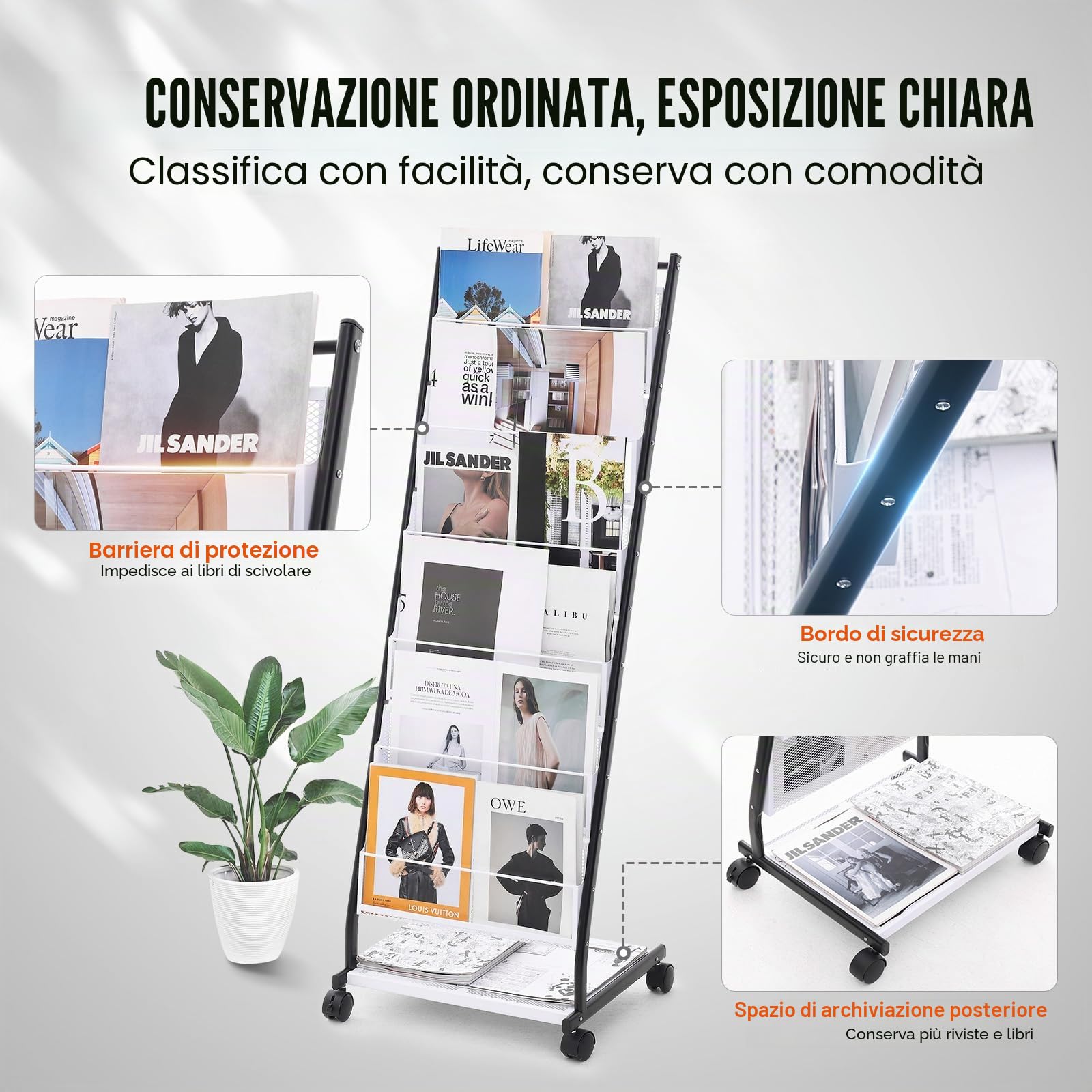 VEVOR Espositore per brochure, espositore per riviste, 6 livelli, portariviste da pavimento, supporti cataloghi di giornali, mobile con 4 ruote (2 bloccabili) per ufficio, mostre di negozi, 6 tasche